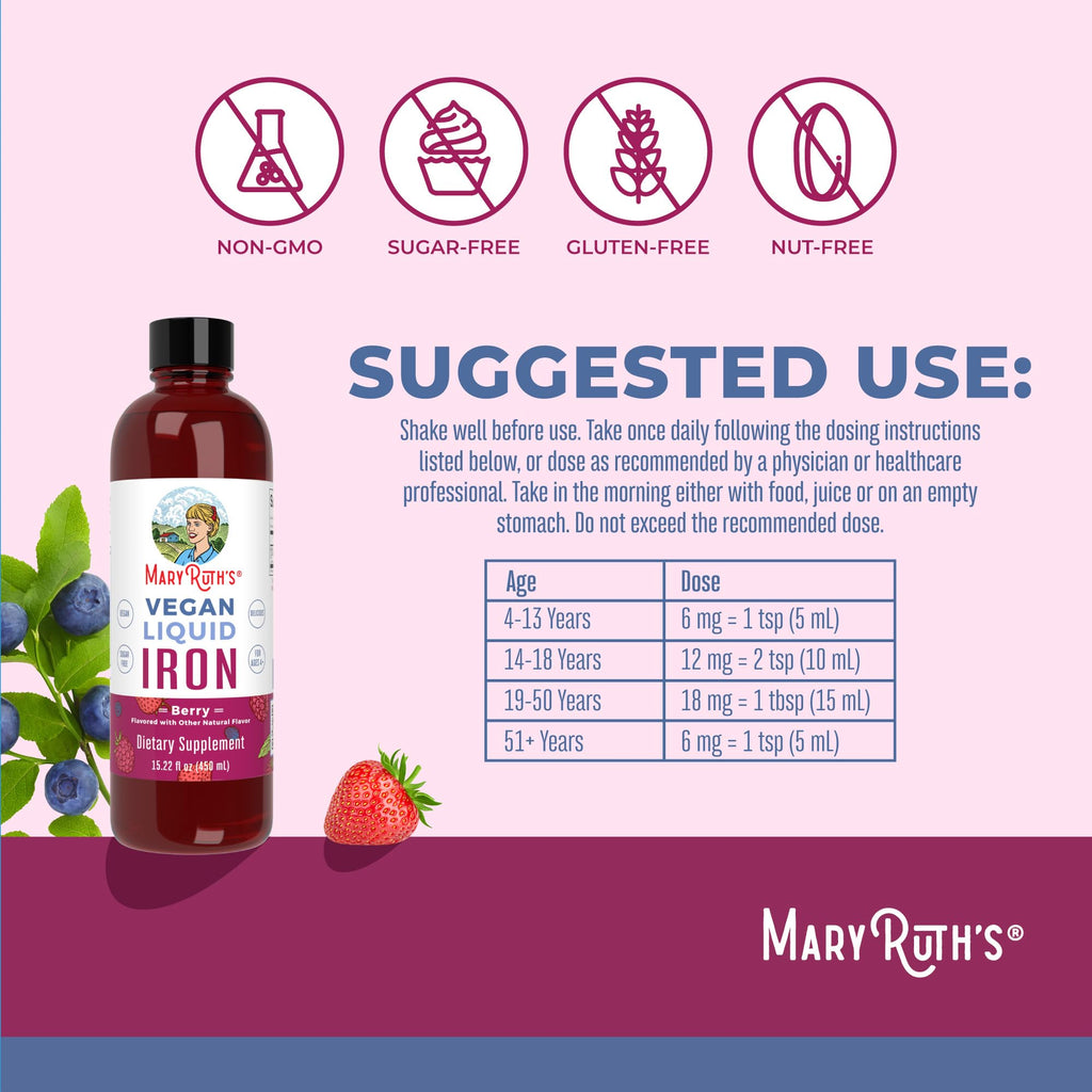 MaryRuth's MaryRuth's Liquid Morning Multivitamin +Hair Growth (Peach Mango, 15.22oz) & Iron Liquid (Berry) | Clean Label Project Verified® | Beauty, Immunity, & Overall Health | Vegan, Non-GMO