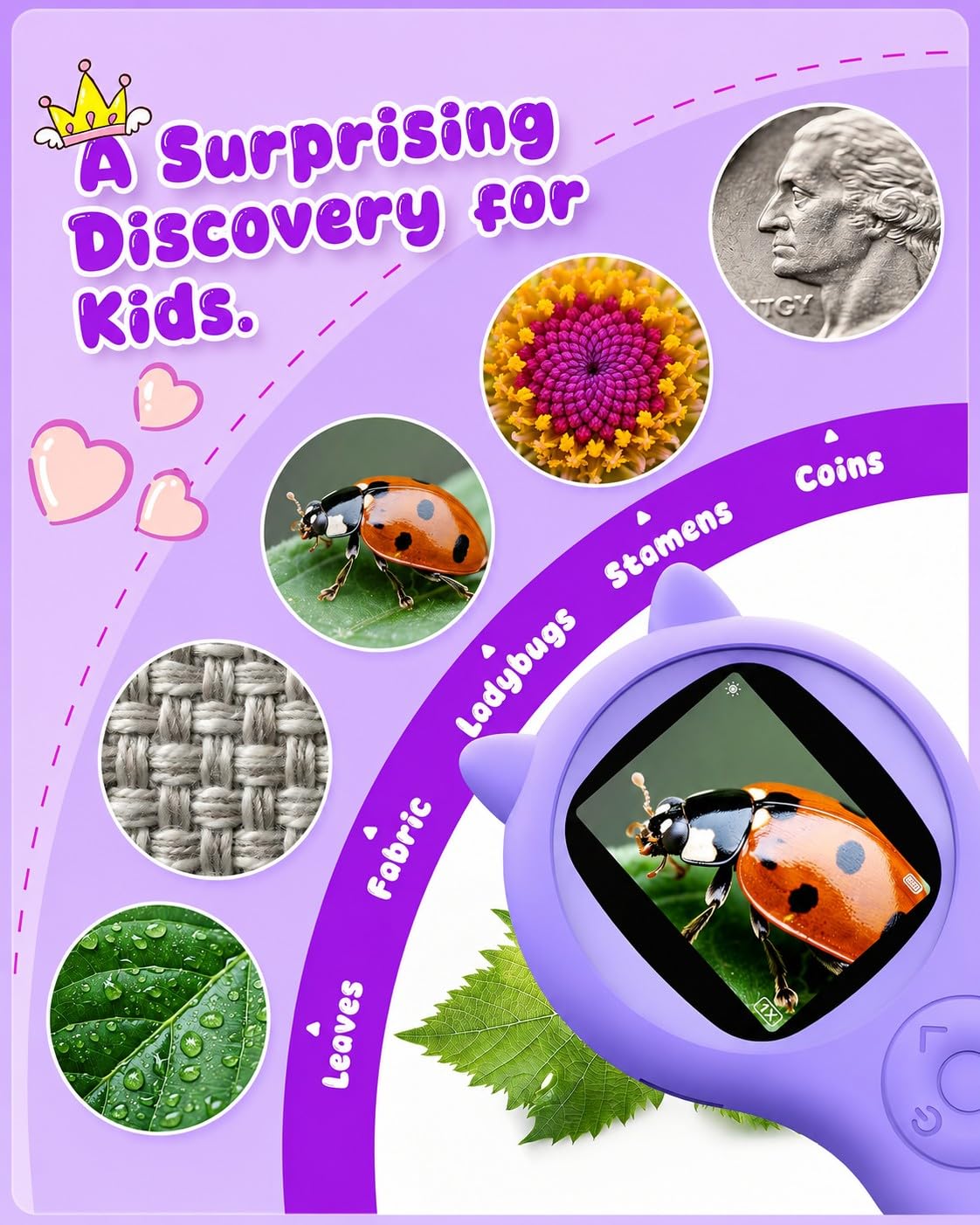 Ashfly Kids Microscope, 500X Digital Magnifying Glass, STEM Toy, Purple