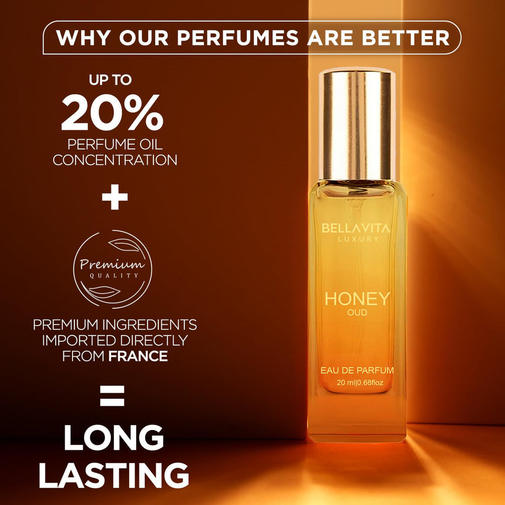 Bellavita Luxury Honey oud Eau de Parfum | 20 ml (0.7 fl.oz.) | Travel Size Perfume for Men and Women | Sweet Honey, Bergamot, Oud, and Amber Notes | Long Lasting Unisex Fragrance