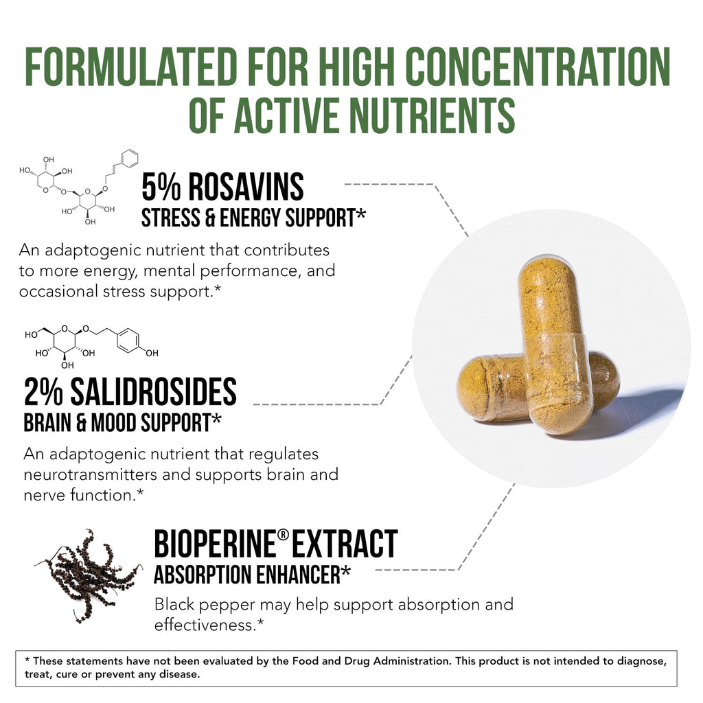 Max Strength Siberian Rhodiola®: Rhodiola Rosea 5% Rosavins, 2% Salidroside & BioPerine® for Enhanced Absorption – Helps Support Stress, Energy & Focus* – Grown in Siberia, DNA Verified (60 Capsules)