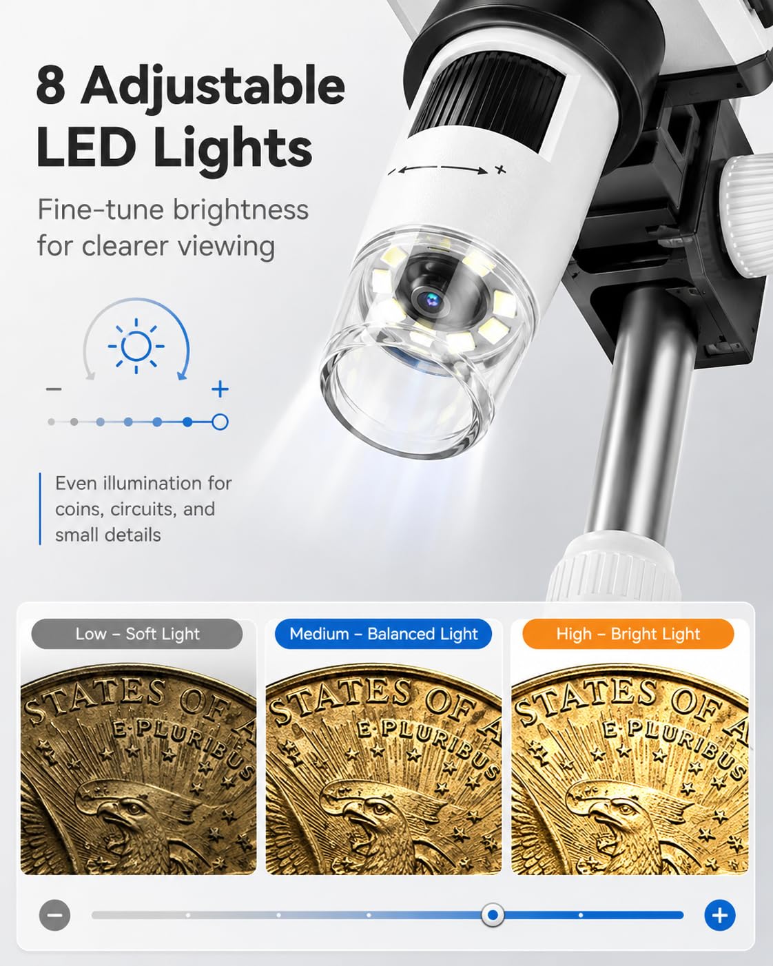 Digital Coin Microscope 1000X, 4.3" LCD Coin Magnifier with Screen for Error Coins, 1080P USB Microscope with 8 Adjustable LED Lights, Photo & Video, Built-in Storage, Compatible with Windows/MacOS