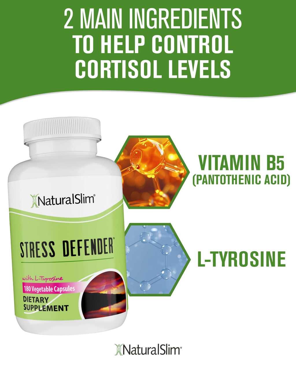 NaturalSlim Stress Defender | Cortisol Reducer & Stress Relief | Cravings, Sleep & Metabolism Support | Vitamin B5 & L-Tyrosine | 180 Vegetable Capsules