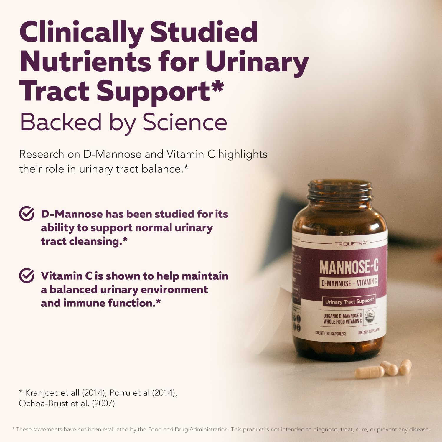 Mannose-C - Organic D-Mannose + Whole Food Vitamin C, Natural UTI Support Supplement to Flush & Cleanse Urinary Tract, Certified Organic Urinary Health for Women, Vegan, Non-GMO (180 Count)
