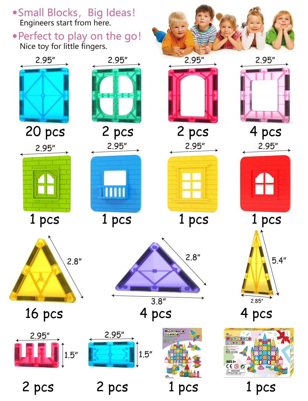Jasonwell Magnetic Tiles Kids Magnetic Blocks 60PCS Building Sets 3D Magnet Toys Preschool Educational Construction STEM Toy Christmas Birthday Gifts for Toddlers Boys Girls 3 4 5 6 7 8 9 + Year Old