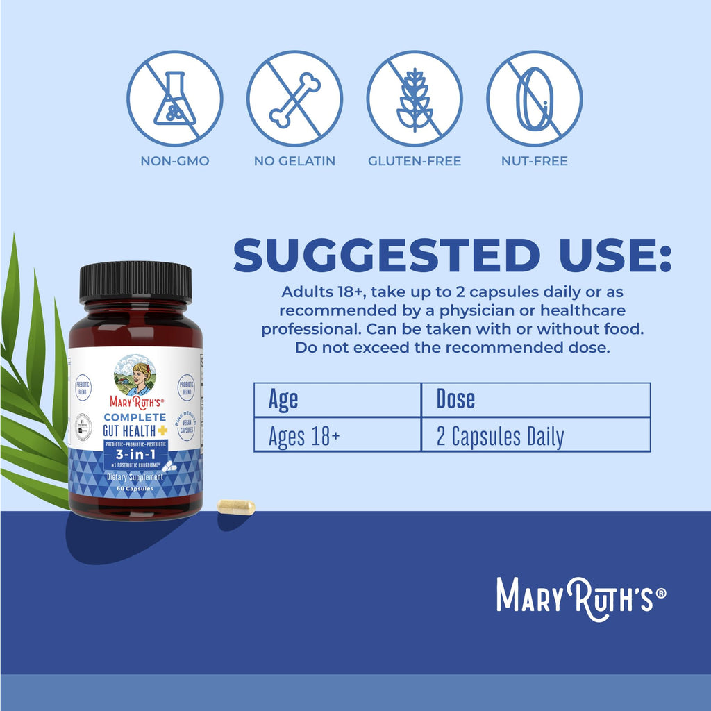 MARYRUTH'S Complete Gut Health+ Probiotic Capsules, with Post & Prebiotics