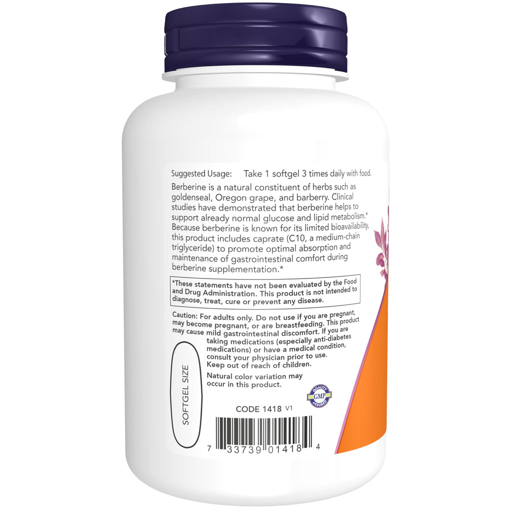 NOW Foods Supplements, Combined with MCT Oil for Optimal Berberine Absorption, 90 Softgels