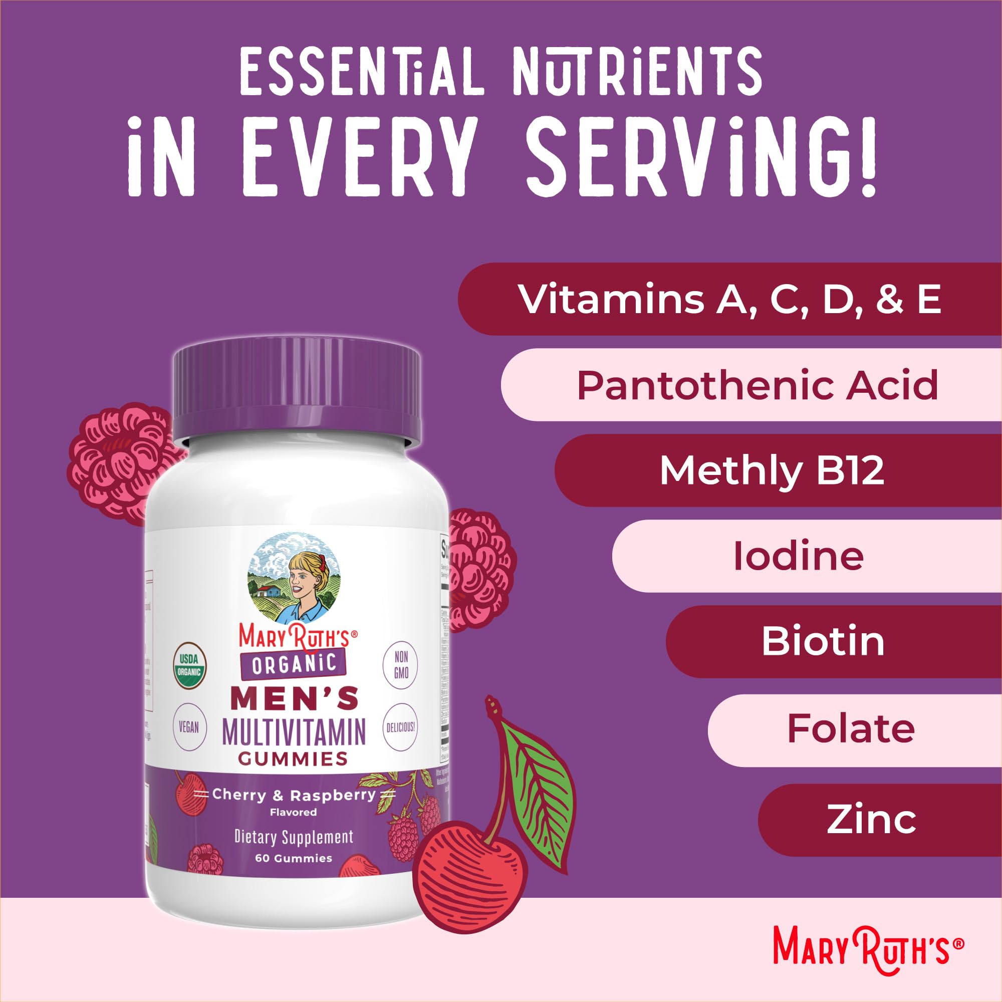 MARYRUTH'S Organic Men's Multivitamin Gummies, Vegan, Non-GMO, 60 Count