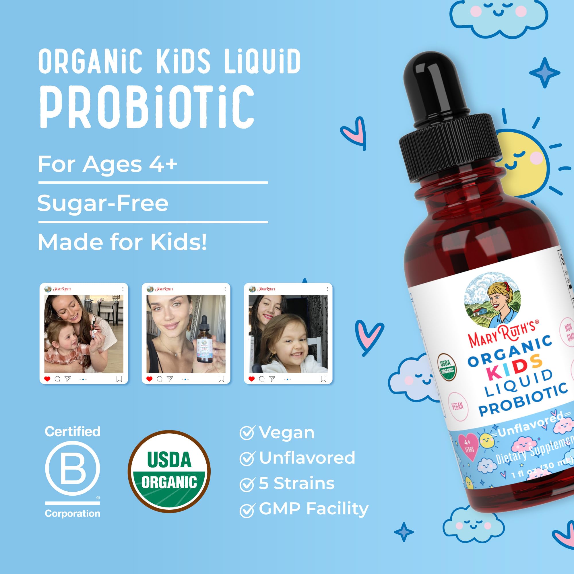 MARYRUTH'S USDA Organic Kids Liquid Probiotic, Unflavored, 1 oz