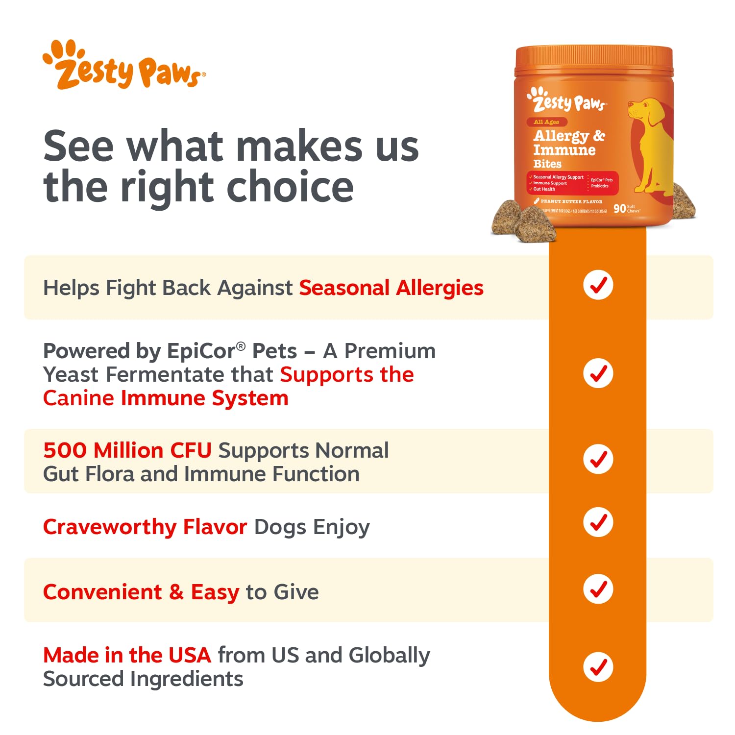 Zesty Paws Allergy Immune Bites - Dog Allergy Chews, Dog Probiotics for Itchy Skin and Ears, Peanut Butter, 90ct
