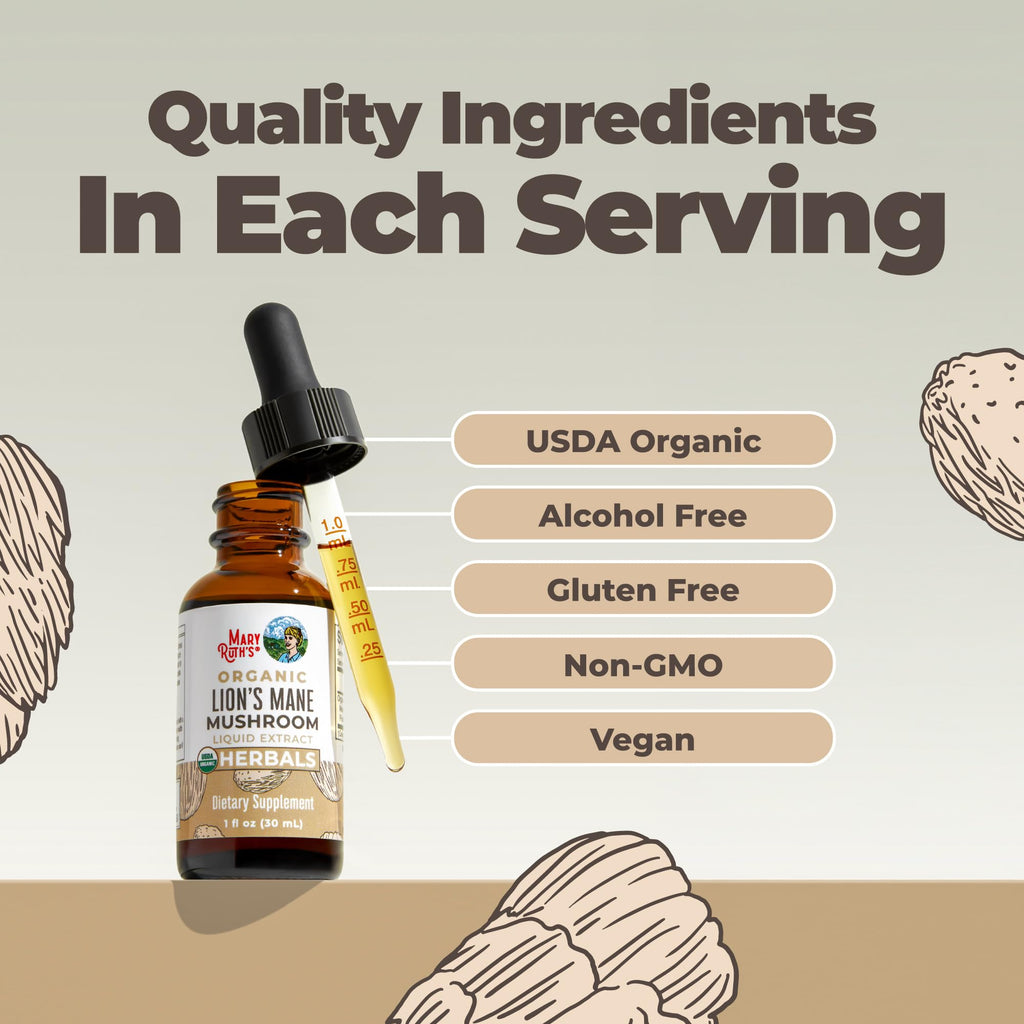 MARYRUTH'S Lions Mane Mushroom Supplement Liquid Drops 1 Fl Oz, Non-GMO