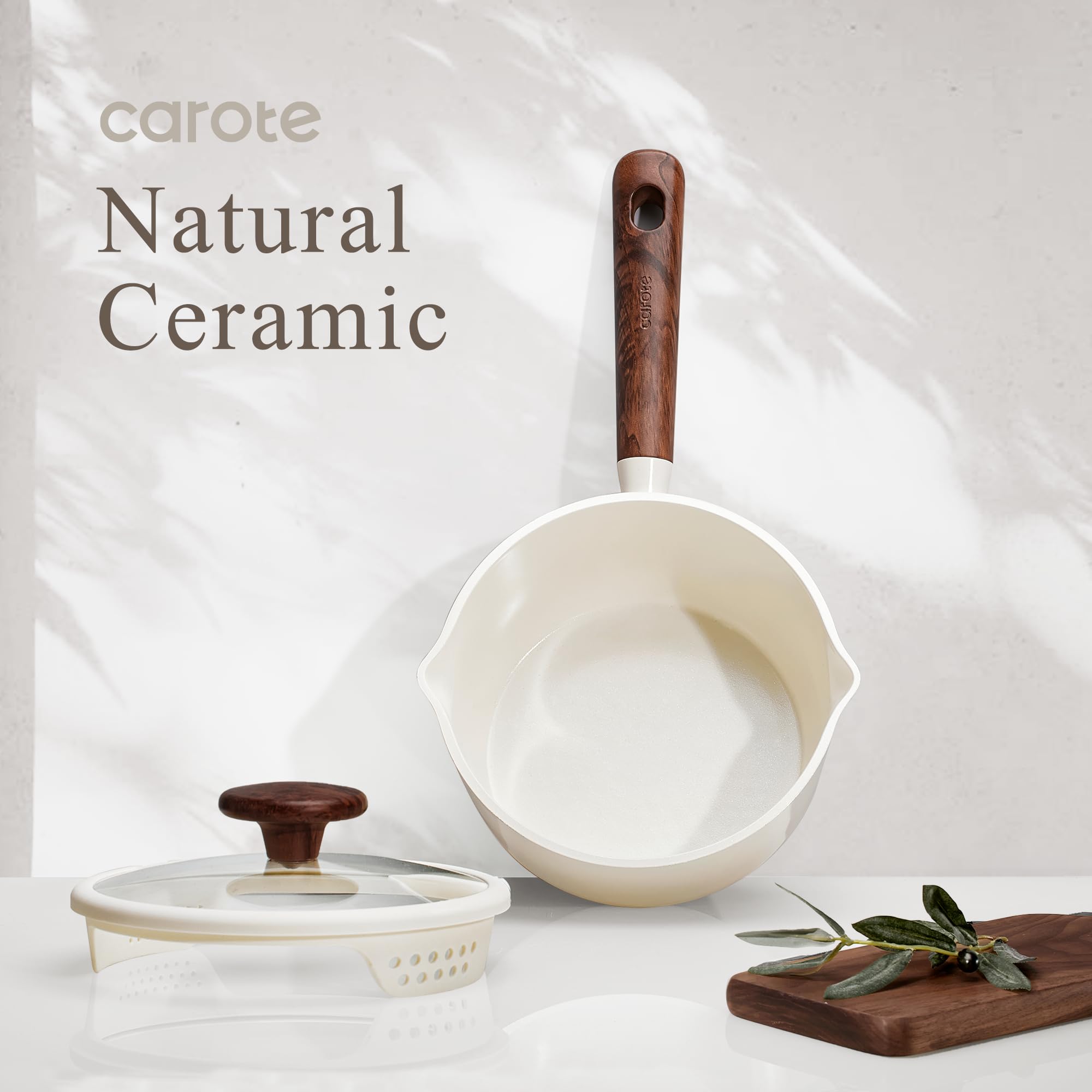 CAROTE 2QT & 3QT Sauce Pan Sets with Lid & Ladle Ceramic Nonstick Pot Set Non Toxic Saucepan Small Kitchen Cooking Pots, Easy to Clean, Induction Comptable, PFAS PTFE Free, White