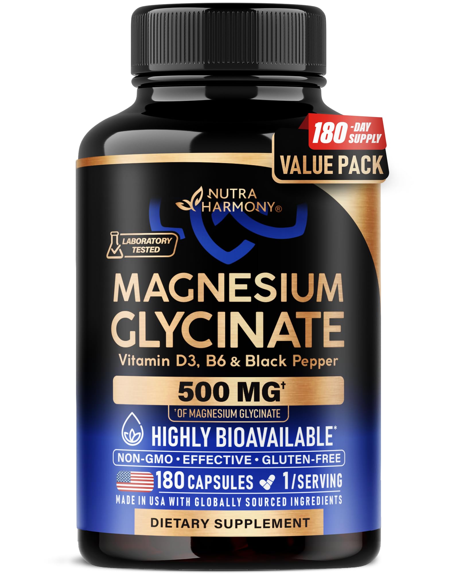 Magnesium Glycinate 500 mg - Chelated Supplement - High Absorption Form of Magnesium - Support for Sleep, Muscle & Heart Health - for Women & Men - Lab Tested & Non-GMO - 180 Capsules