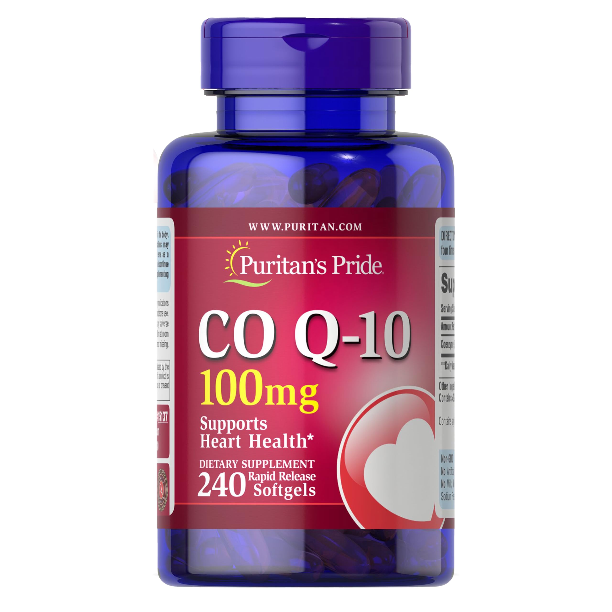 Puritan's Pride Coenzyme CoQ10 100mg, Dietary Supplement for Heart Health, Blood Pressure, Oral Gum Health, and Healthy Aging Support, 60 Day Supply, 240 Rapid Release Softgels