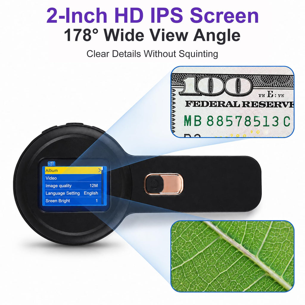 10-200X Autofocus Digital Microscope, Portable Handheld Scope with 2in IPS Screen & Dual LED Light, Electronic Magnifier for Coin Check, Suitable for Adults and Children, Black