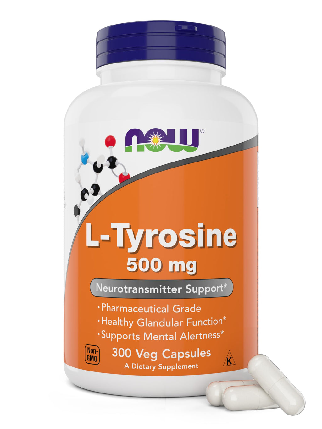 Now Foods L-Tyrosine 500mg, 300 Capsules, Non GMO, 500 mg Caps, Free Form Supplement