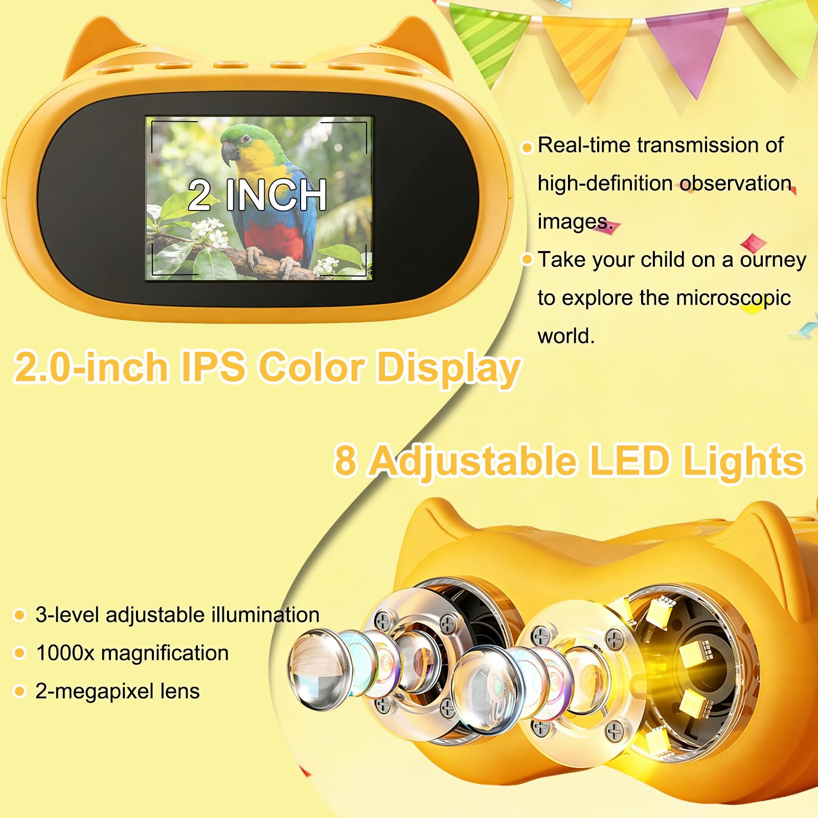 1000X Handheld Digital Microscope for Kids & Binoculars, STEM Toys, 2 in 1