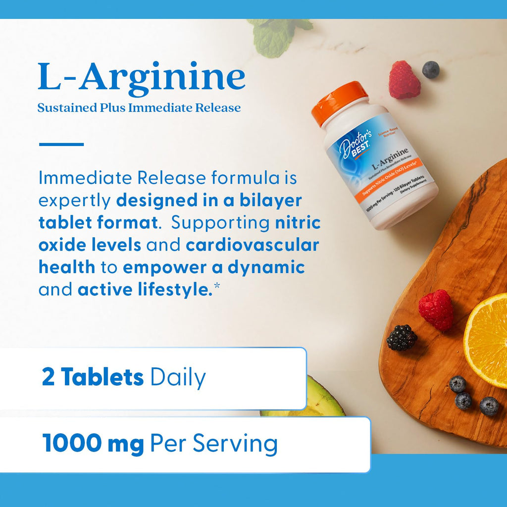Doctor's Best L Arginine Supplement for Men & Women - L-Arginine 1000 mg Per Serving, Supports Nitric Oxide (NO) Levels, Sustained Plus Immediate Release - 120 Bilayer Tablets