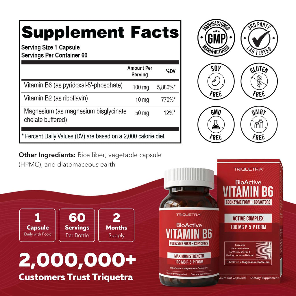BioActive Vitamin B6 100mg Capsules - Active P-5-P Form for Mood, Energy & Cycle Support - Enhanced Absorption with Riboflavin & Magnesium - Clinical Strength, Non-GMO (60 Capsules - 2 month supply)