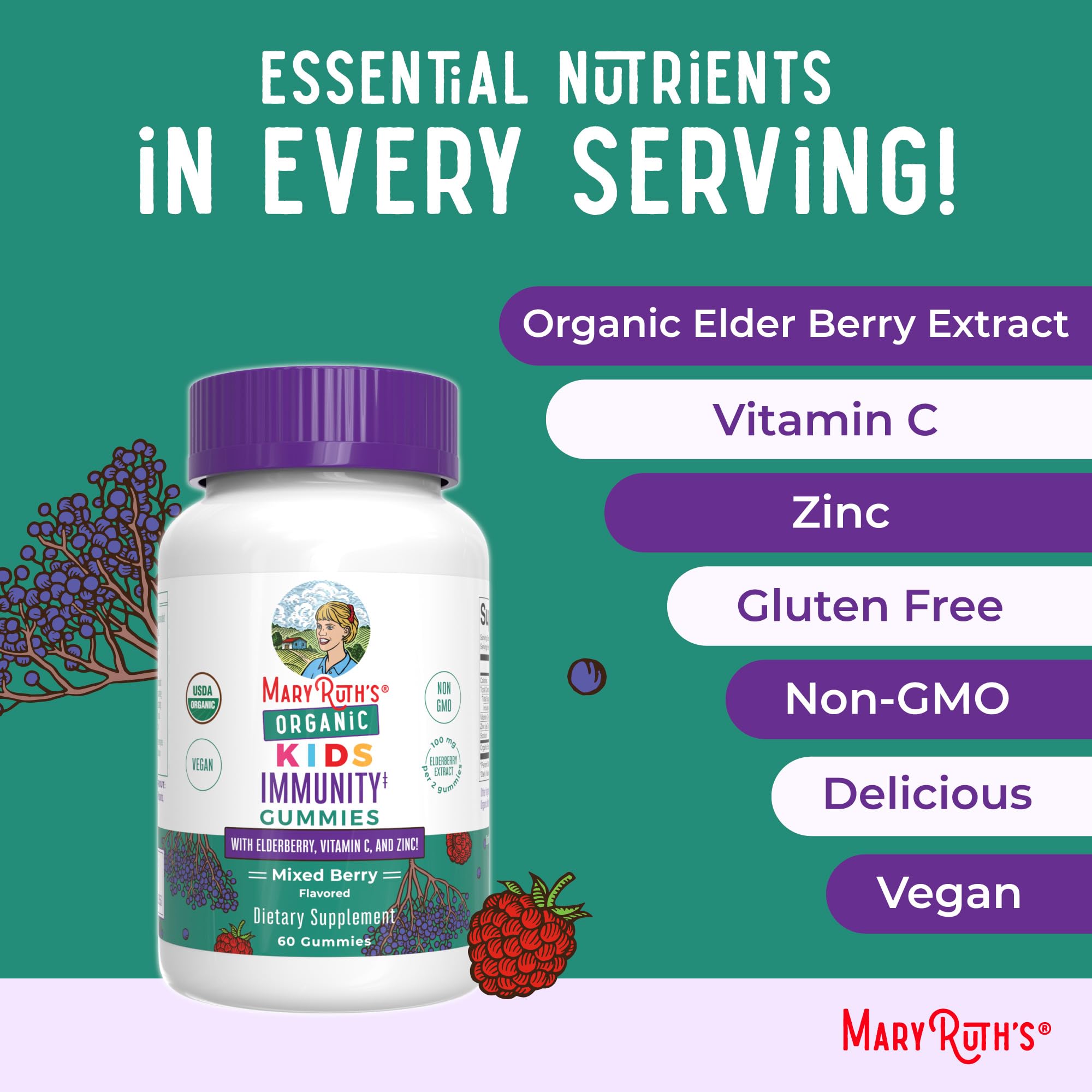 MARYRUTH'S Organic Kids Immune Support Gummies with Elderberry, 60 Count