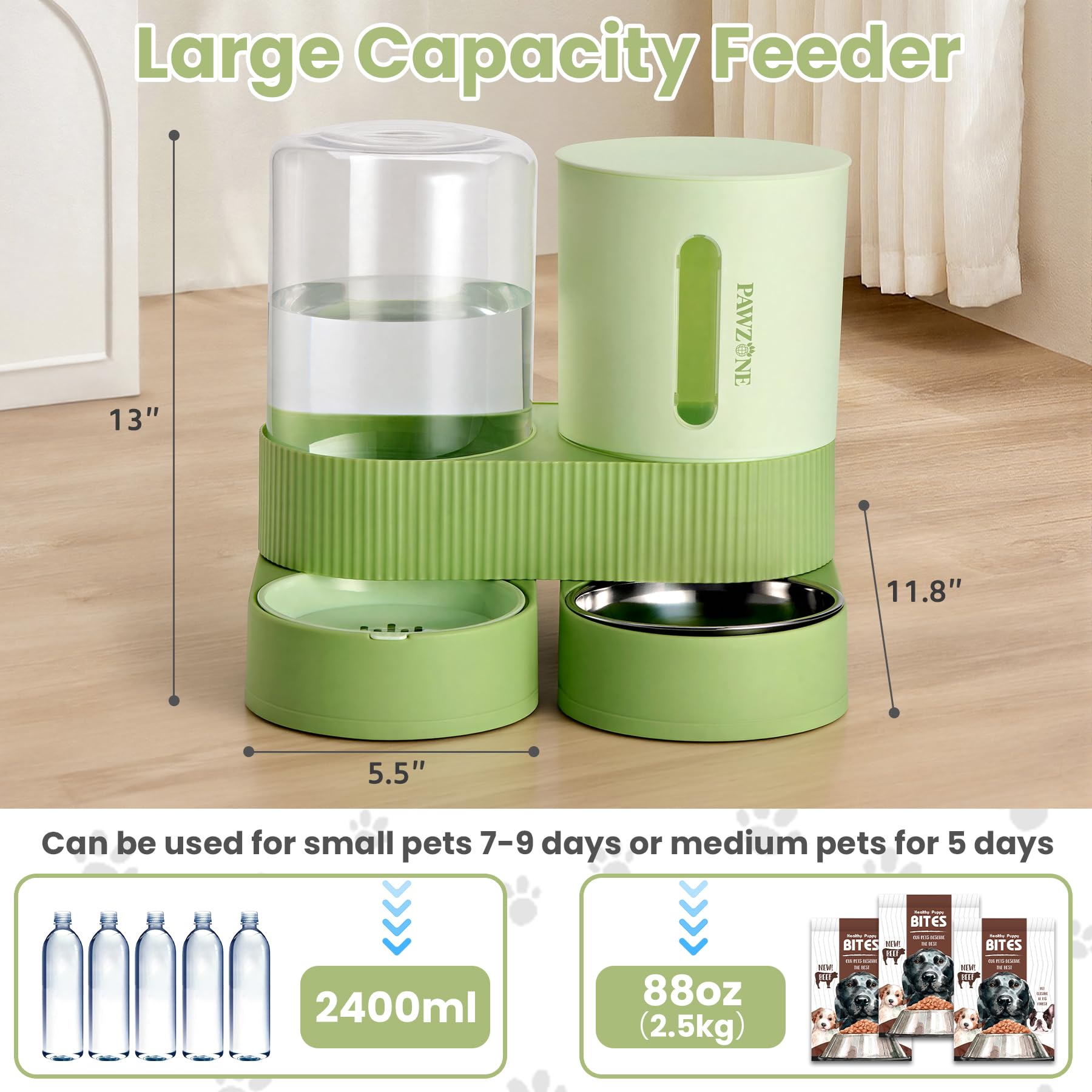 Automatic Cat Feeder Stainless Steel Water Dispenser Gravity Food Feeder and Waterer Set with Pet Food Bowl for Small Medium Kitten Puppy Pets Large Capacity(Green)