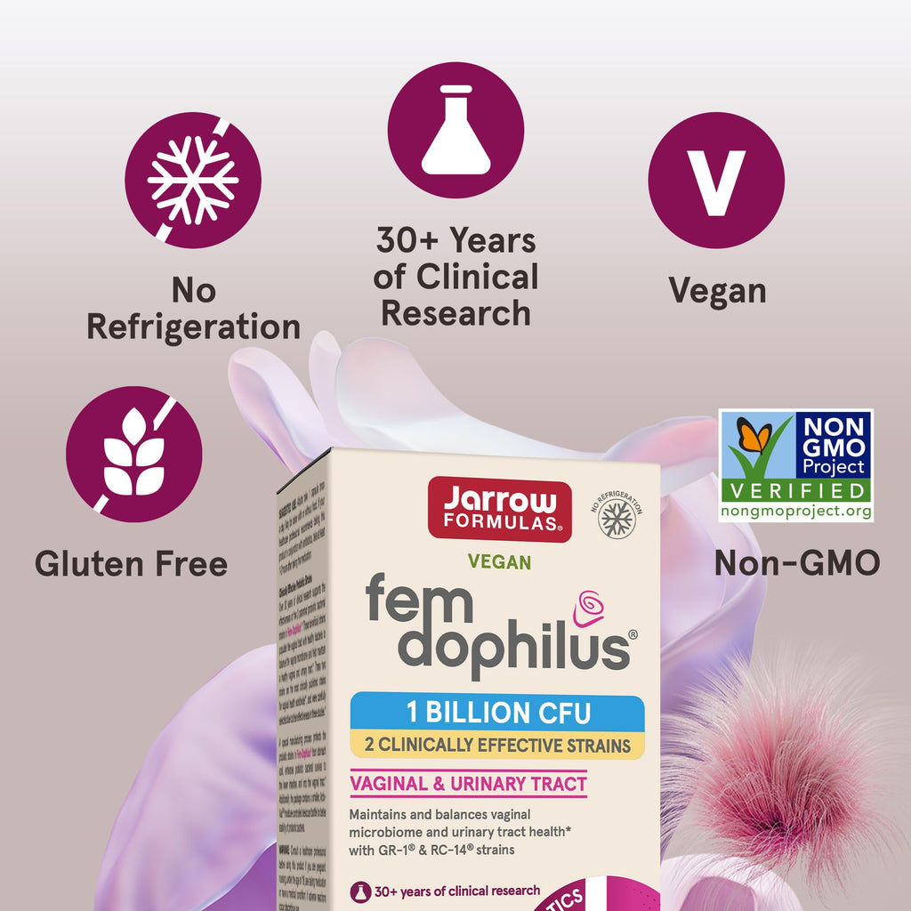 Jarrow Formulas Fem-Dophilus Vaginal Probiotics 1 Billion CFU With 2 Science-Backed Strains, Dietary Supplement For Vaginal & Urinary Tract Support, 60 Capsules, 60 Day Supply, Shelf-Stable Probiotics