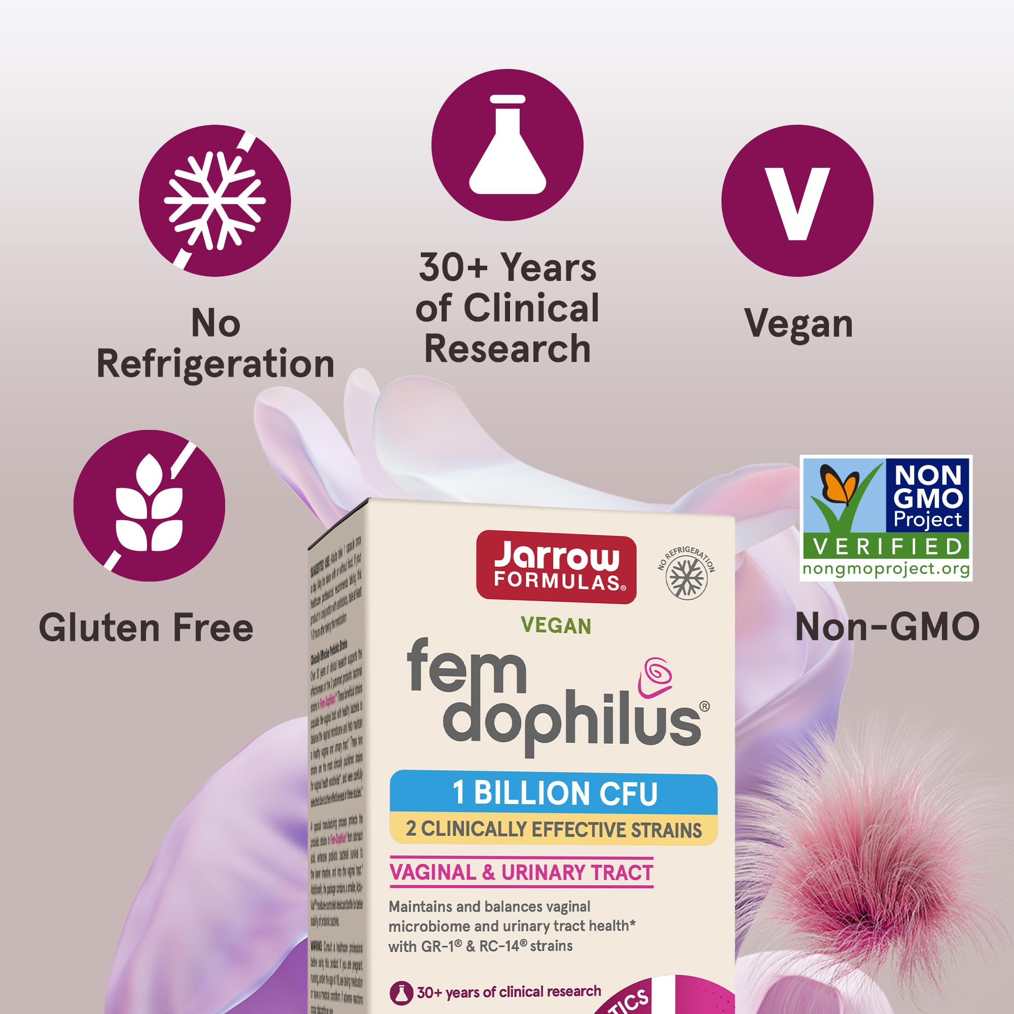 Jarrow Formulas Fem-Dophilus Probiotics 1 Billion CFU with 2 Science-Backed Strains, Dietary Suppl for Vaginal and Urinary Tract Supp,60 Veggie Caps,Up to a 60 Day Supply, Shelf-Stable,12 Packs