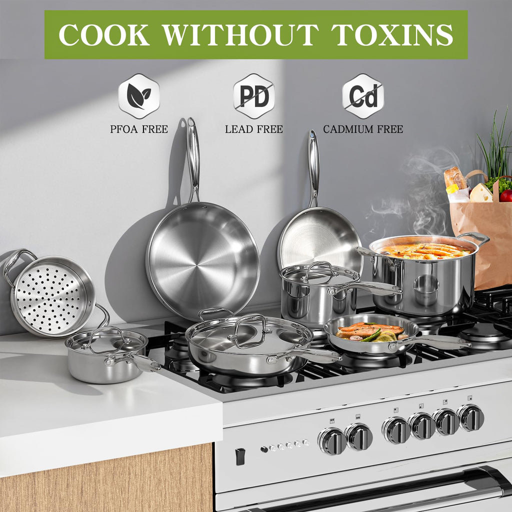 Triple Ply Stainless Steel Pots and Pans Set, EWFEN 12 Piece Induction Cookware Set, Oven Dishwasher Safe | Frying Pans, Saucepans, Saute Pan & Stock Pot, PFOA Free Kitchen Skillet