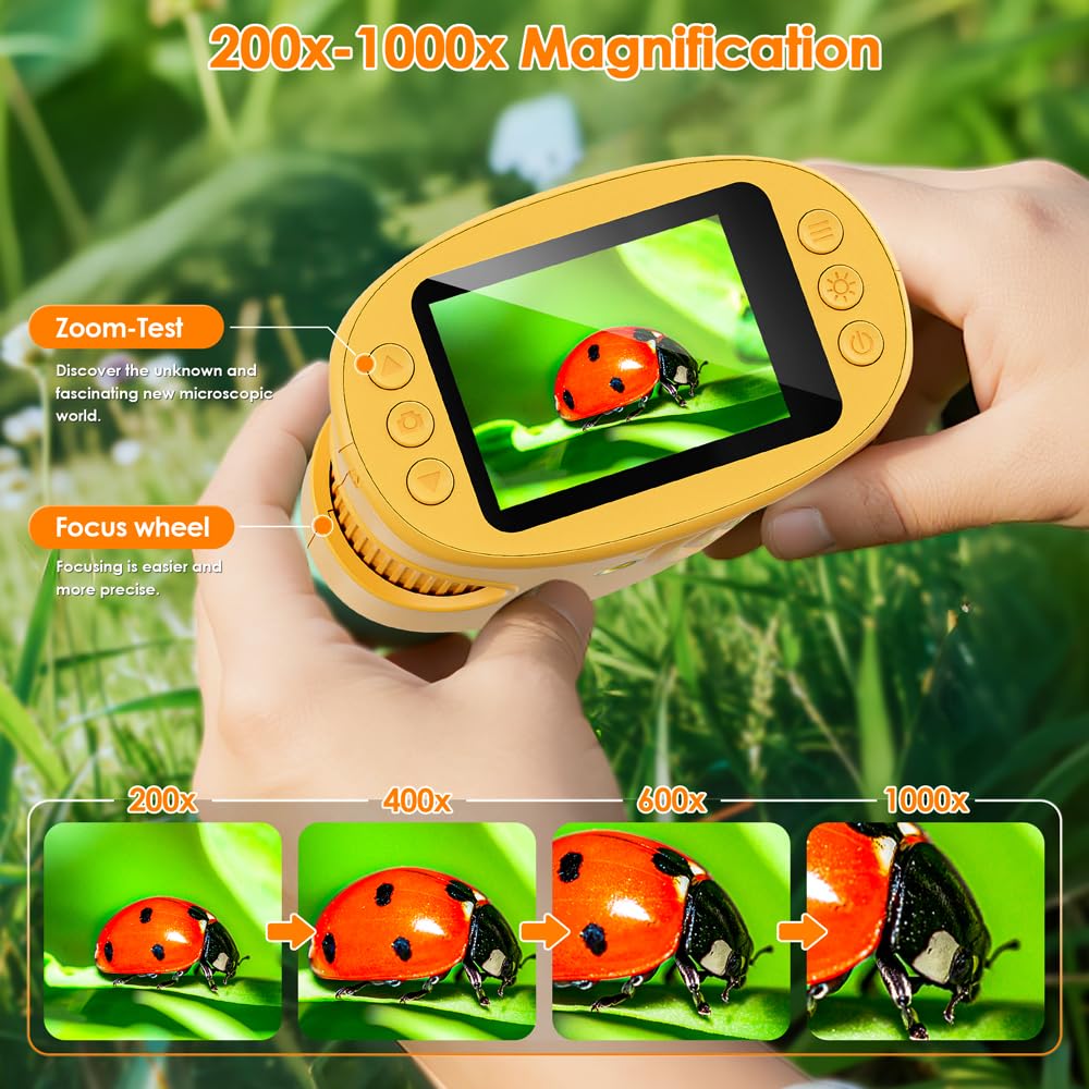 Temodu Kids Microscope 2.0" Screen 1000X Digital Microscope for Kids, Mini Pocket Handheld Microscopes for Children Birthday Festival Gift, Science Education Fun Toys for Boys Girls Ages 4-12 (Yellow)