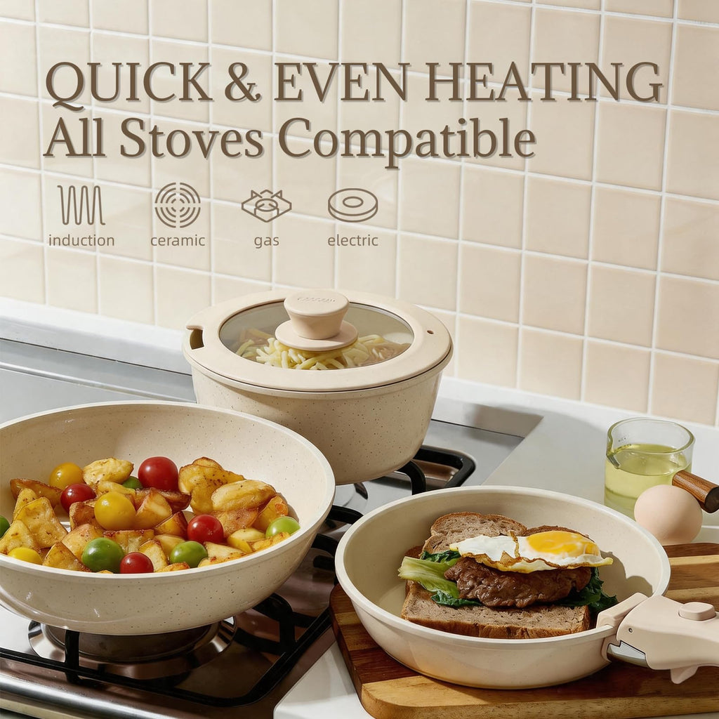 Ceramic Cookware Set Non Stick 8Pcs Pots and Pans Set Detachable Handle Induction Kitchen Cooking Set with Frying Pans Oven Dishwasher Safe, PFAS/PFOA Free, Cream White
