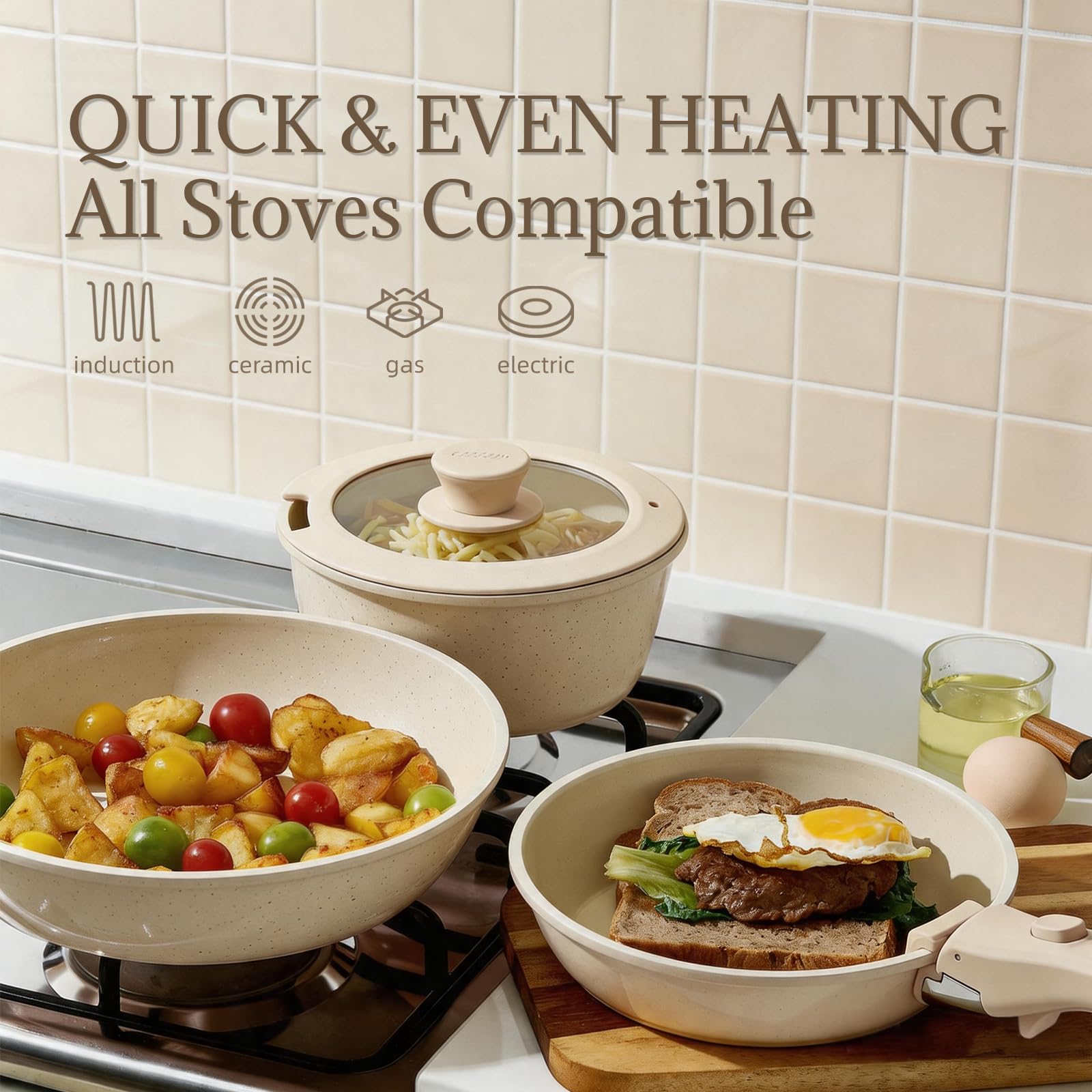 Ceramic Cookware Set Non Stick 8Pcs Pots and Pans Set Detachable Handle Induction Kitchen Cooking Set with Frying Pans Oven Dishwasher Safe, PFAS/PFOA Free, Cream White