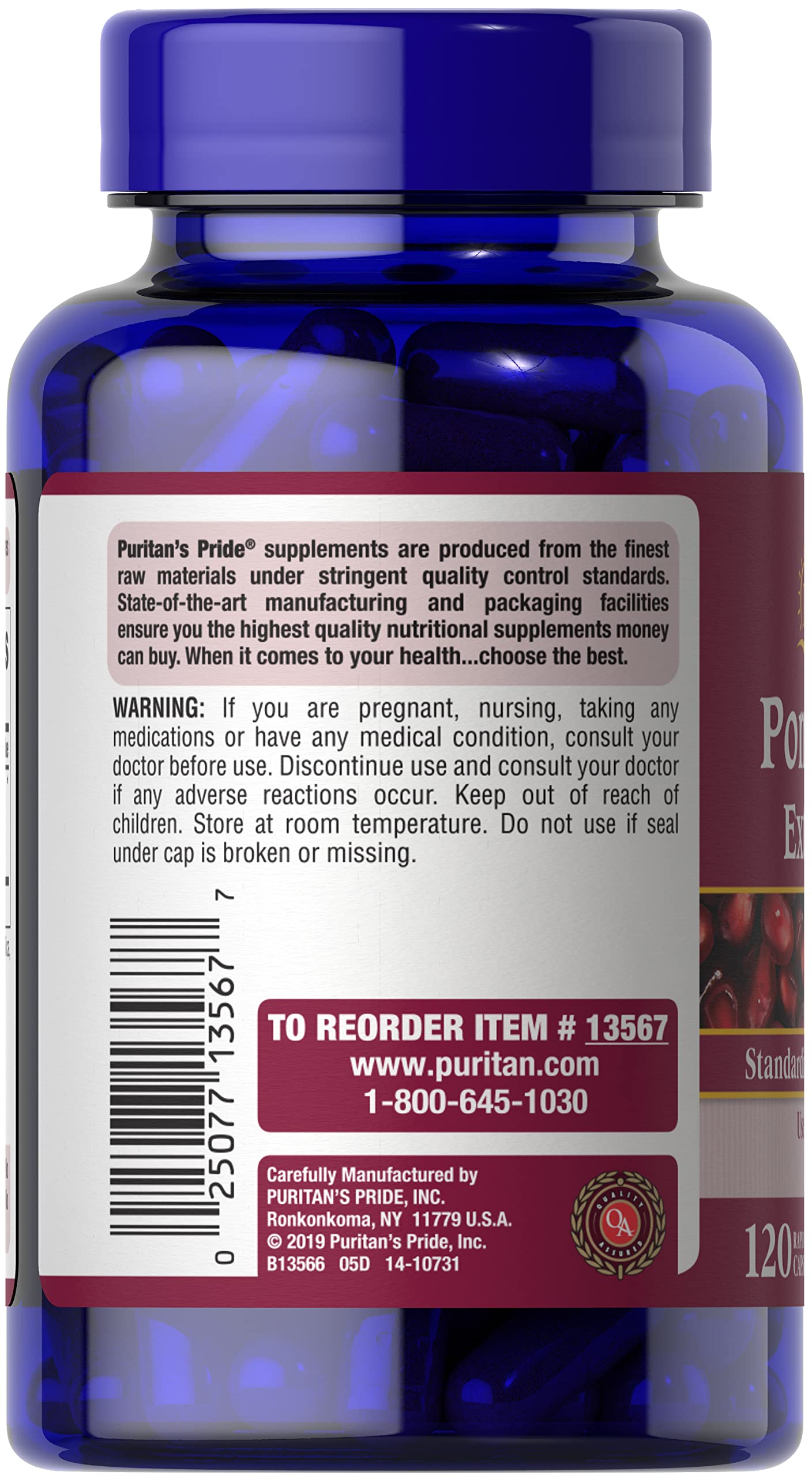 Puritan's Pride Premium Pomegranate Extract 250mg, Dietary Supplement for Antioxidant Health and Healthy Aging Program, 40% Ellagic Acid,120 Rapid Release Capsules (Packaging May Vary) (Pack of 2)