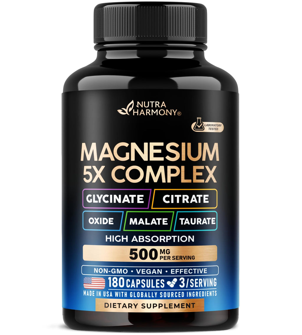 Magnesium Supplement - 5 in 1 Complex | Glycinate | Citrate | Malate | Taurate | Oxide - for Women & Men - Stress, Muscle & Heart Support - Vegan, Natural, Non-GMO - 180 Capsules, 2 Month Supply