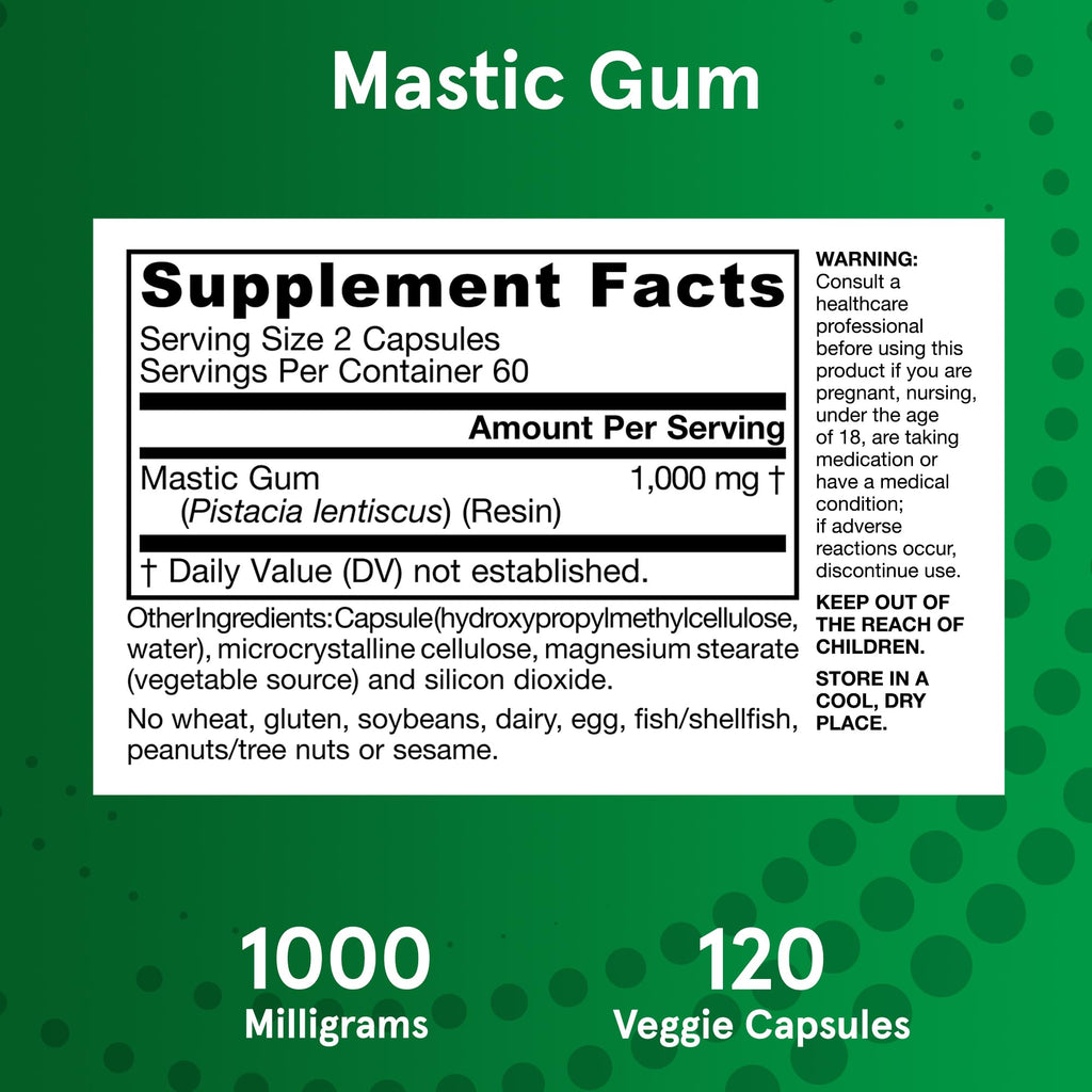 Jarrow Formulas Mastic Gum 1000 mg - 120 Veggie Caps - Mastic Gum Capsules Supporting Stomach and Duodenal Health - 60 Servings