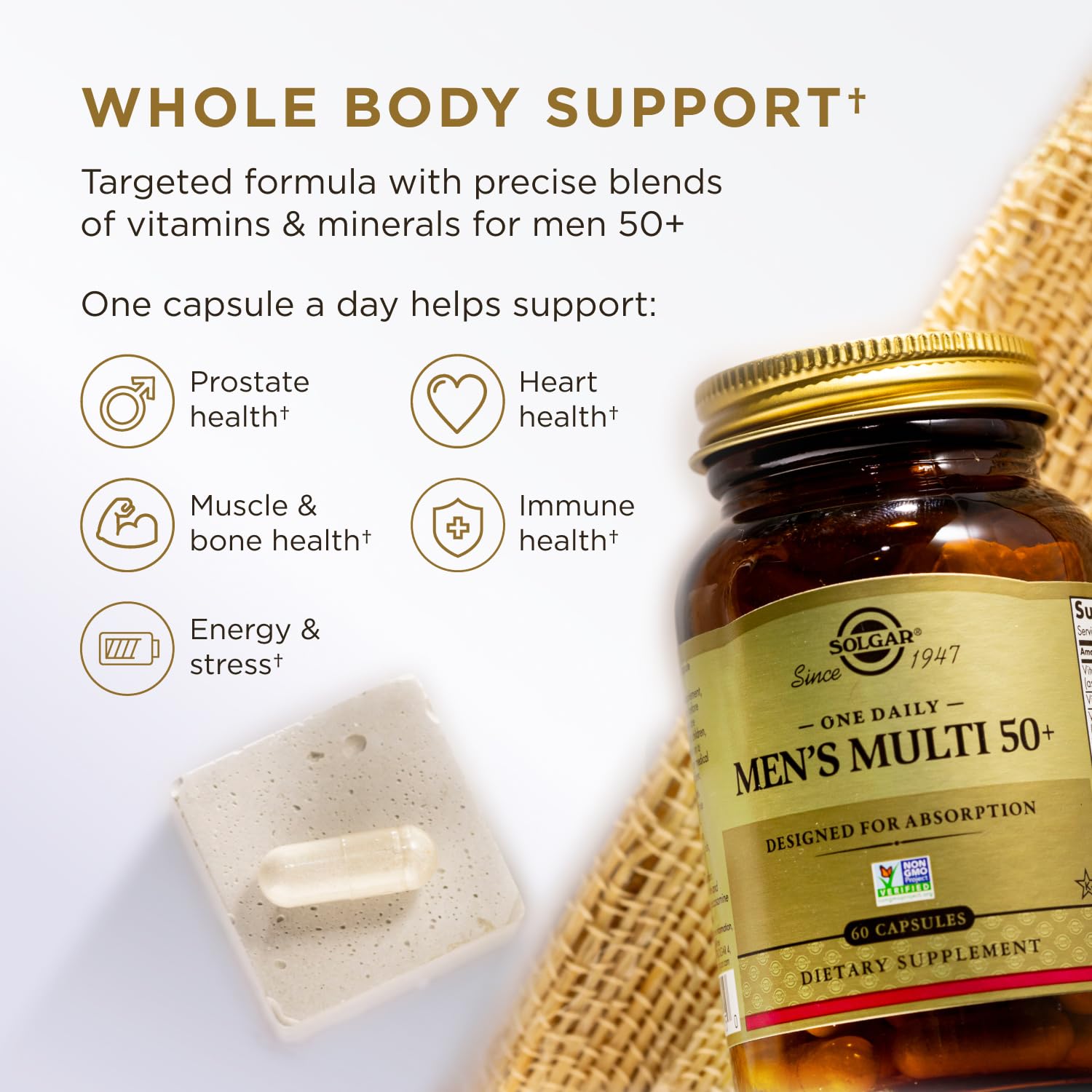 Solgar One Daily Men's Multi 50+ Whole Body Support for Men 50 and Older Highly Absorbable Delayed Release Heart, Energy, Stress, Muscle, Bone, Prostate Support Vitamin 60 Vegan Capsules, 60 Servings