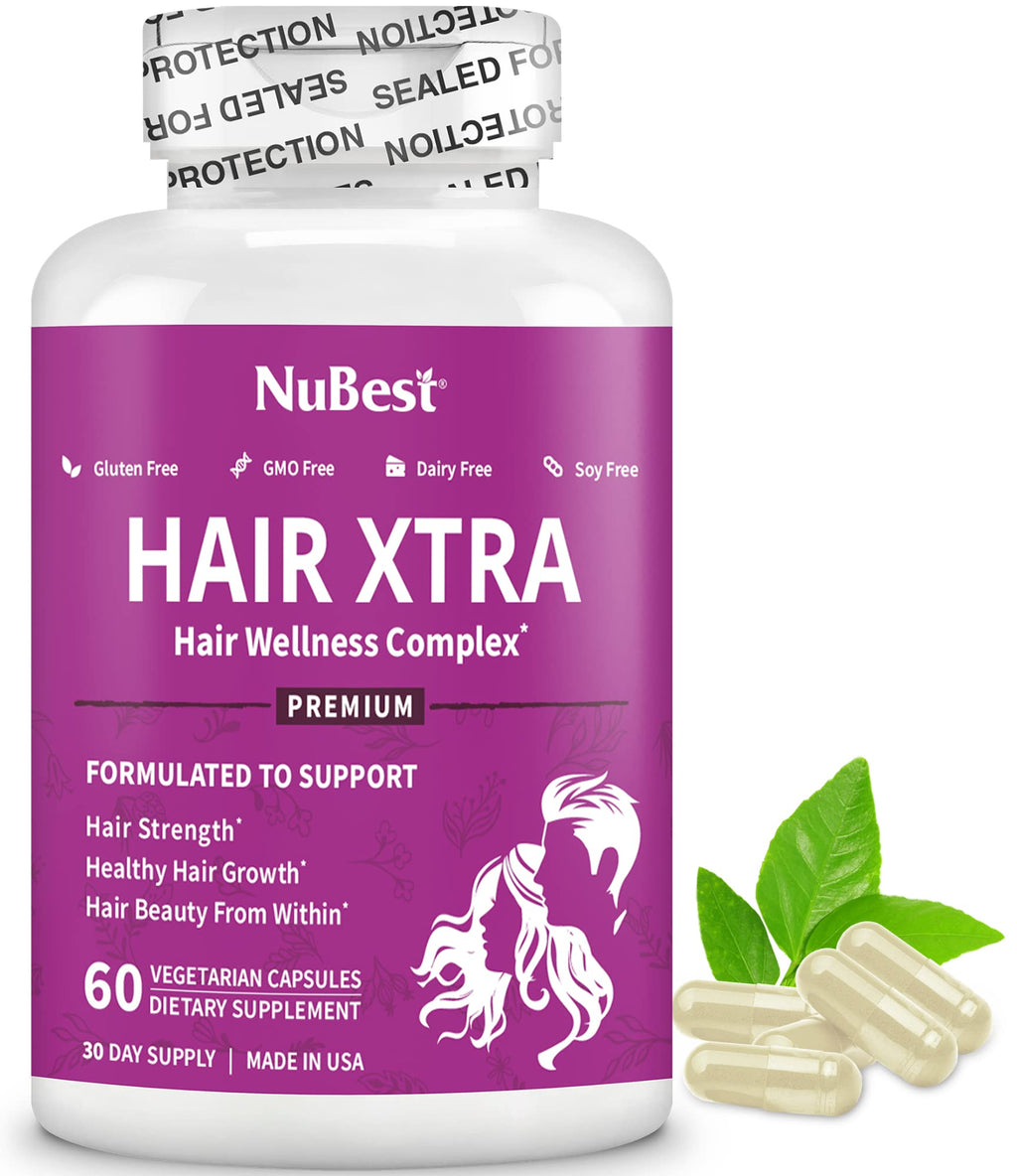 NuBest Hair Xtra Hair Growth Vitamins for Women & Men, Biotin 3000 mcg Hair Supplement with MSM, Zinc, B Vitamins, Horsetail & Hyaluronic Acid, Hair Skin and Nails Support, 60 Capsules