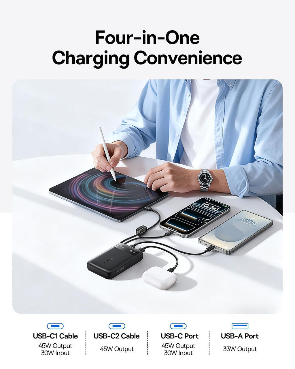 Baseus 20000mAh Compact Portable Charger 45W, CCC Certified Power Bank Built-in USB-C Cables, Travel Essential PD Fast Charging Battery Pack for iPhone 17/16 Series Galaxy S25/S24 Ultra Google iPad
