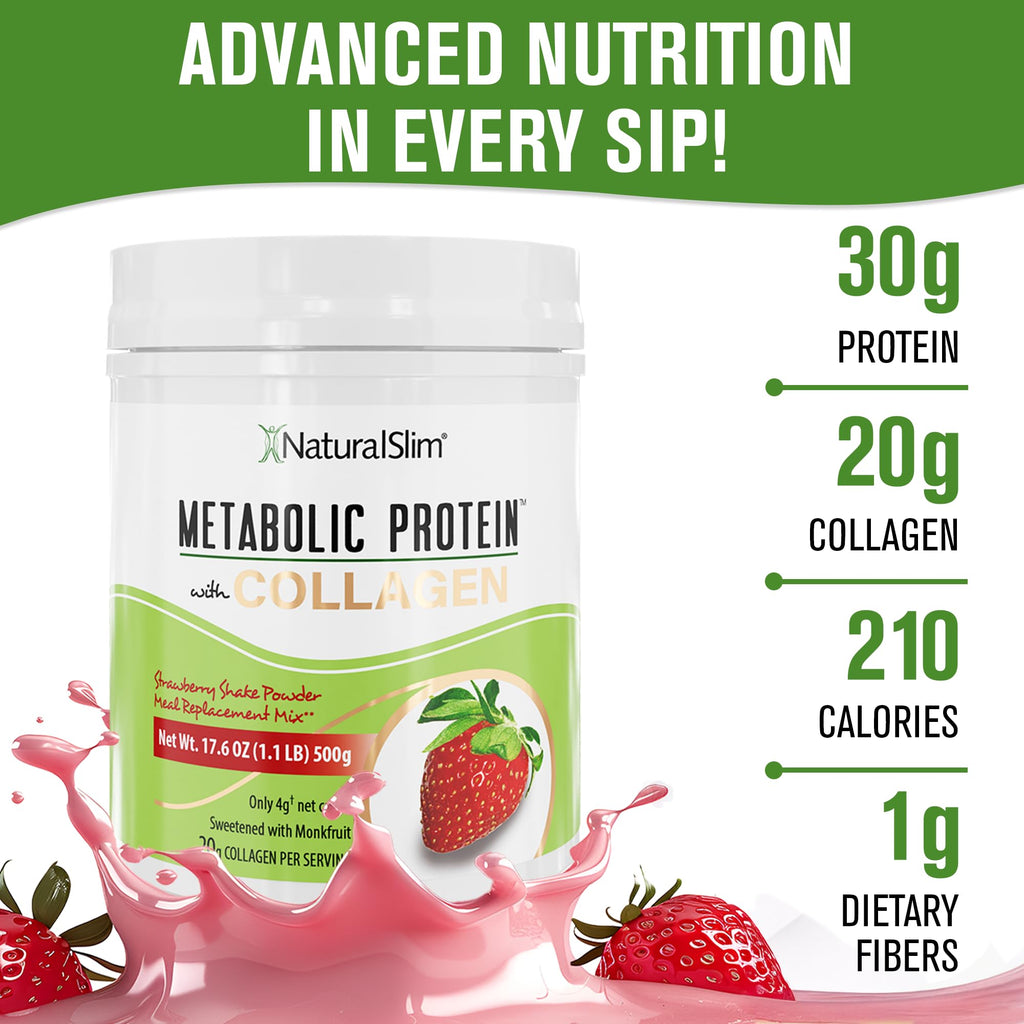 NaturalSlim Metabolic Protein Powder with Collagen | Whey Protein & L-Glutamine | Supports Metabolism, Digestion, Skin & Muscle | Low Carb | 17.06 oz Strawberry