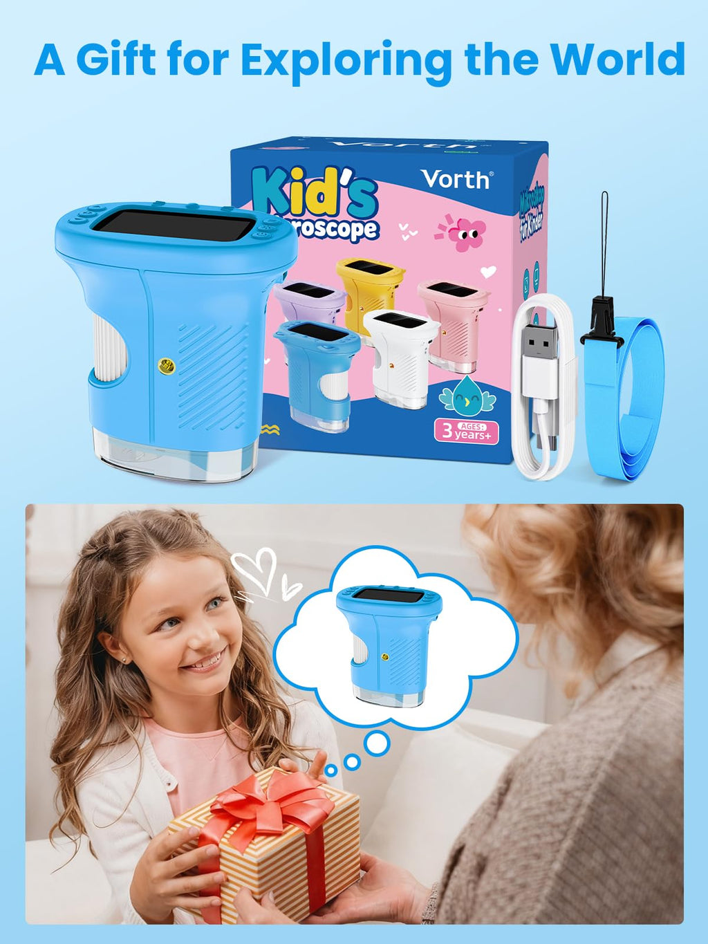 Vorth Microscope for Kids, 2.4 Inch Digital Microscope with 1000X Magnification, Handheld Camera Mini Pocket Magnifying Glass, Educational Birthday Gifts Toys for Ages 3+, Blue