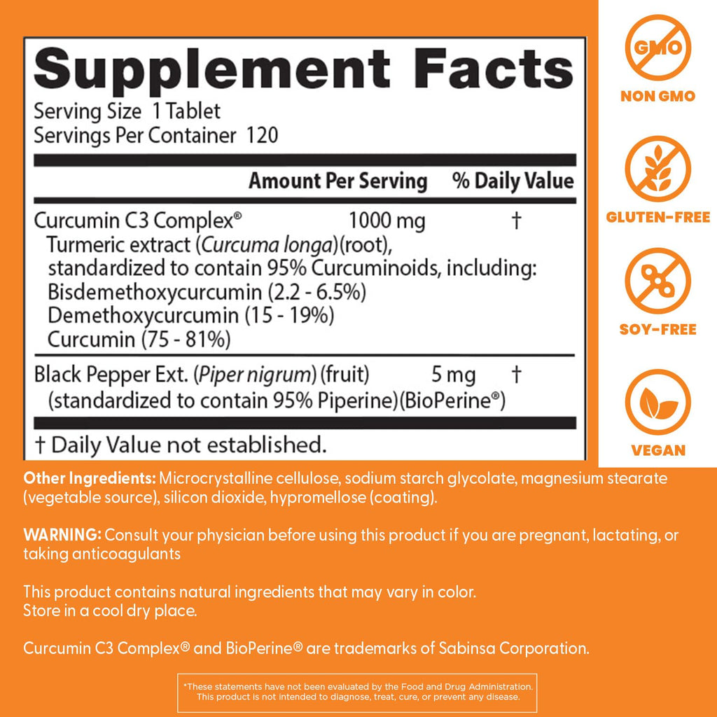 Doctor's Best Curcumin From Turmeric Root with C3 Complex & BioPerine, Benefit the Joints by Helping to Neutralize Free Radicals, Non-GMO, Gluten Free, Soy Free, Joint Support, 1000 mg, 120 Tablets