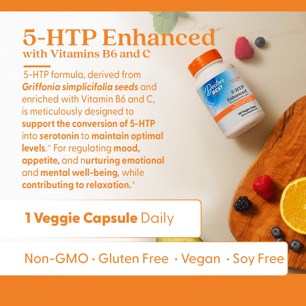 Doctors Best 5-HTP Enhanced with Vitamins B6 & C - Vegan 5 HTP Supplement for Women & Men, Supports Mental & Emotional Well-Being for Adults, Non-GMO, Gluten Free, Soy Free - 120 Veg Caps