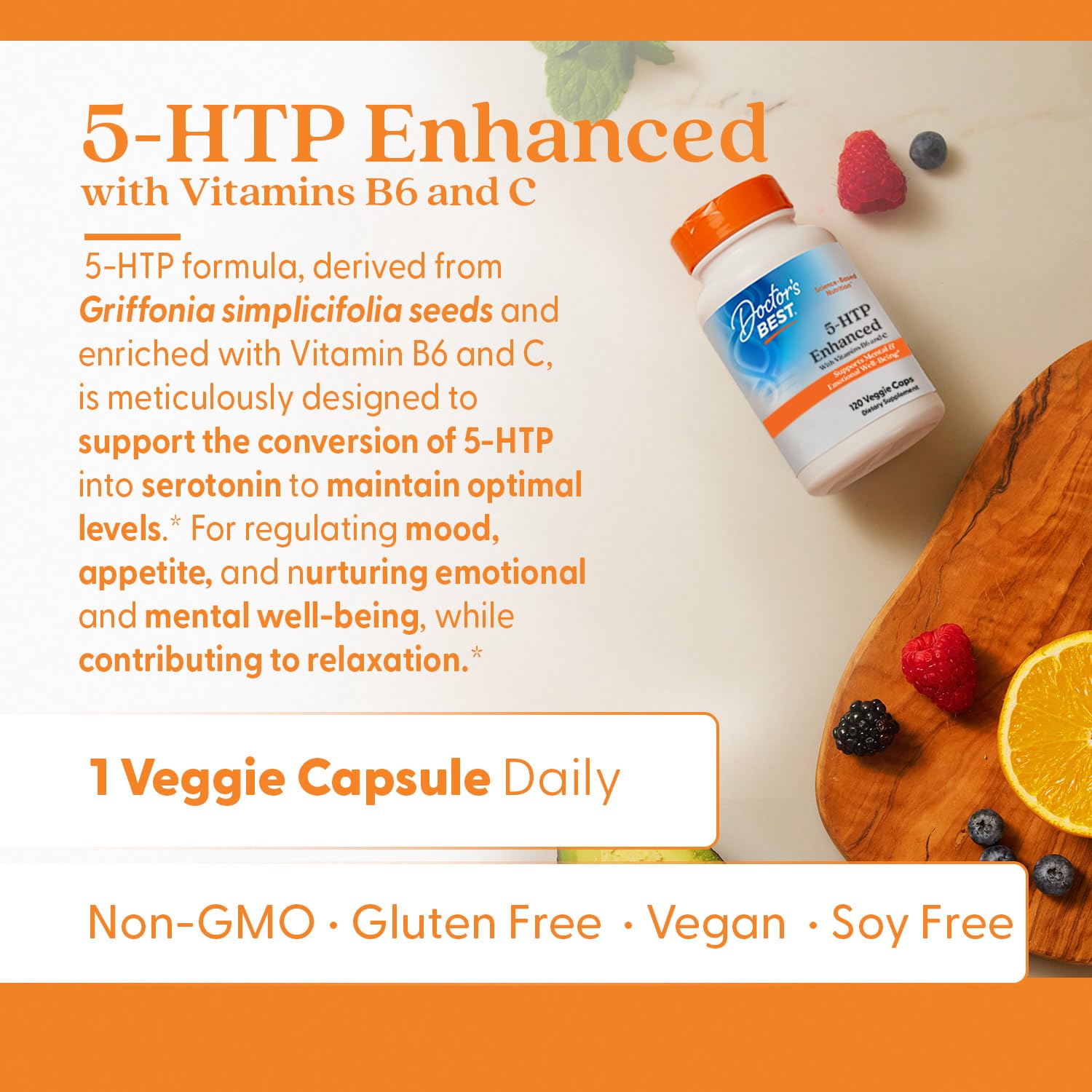 Doctors Best 5-HTP Enhanced with Vitamins B6 & C - Vegan 5 HTP Supplement for Women & Men, Supports Mental & Emotional Well-Being for Adults, Non-GMO, Gluten Free, Soy Free - 120 Veg Caps