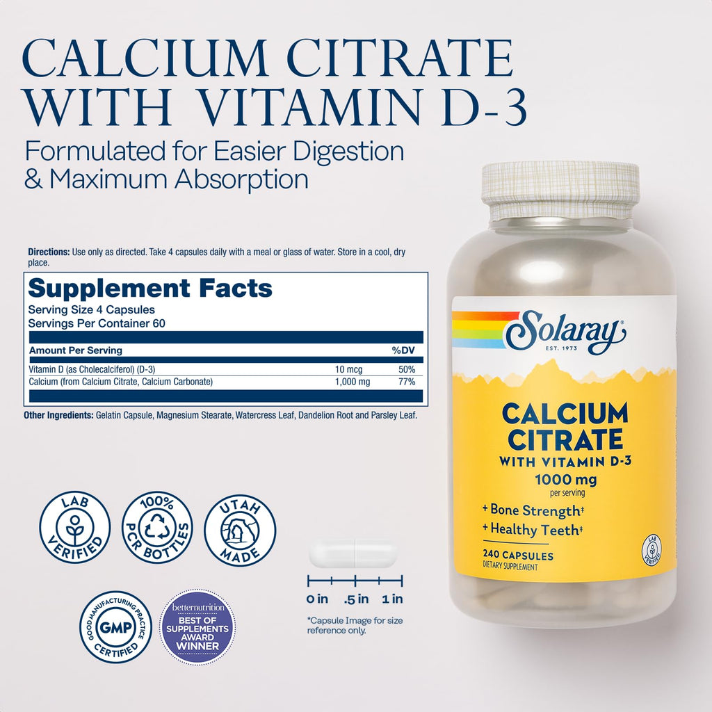 SOLARAY Calcium Citrate with Vitamin D3 1000 mg, 240 Capsules