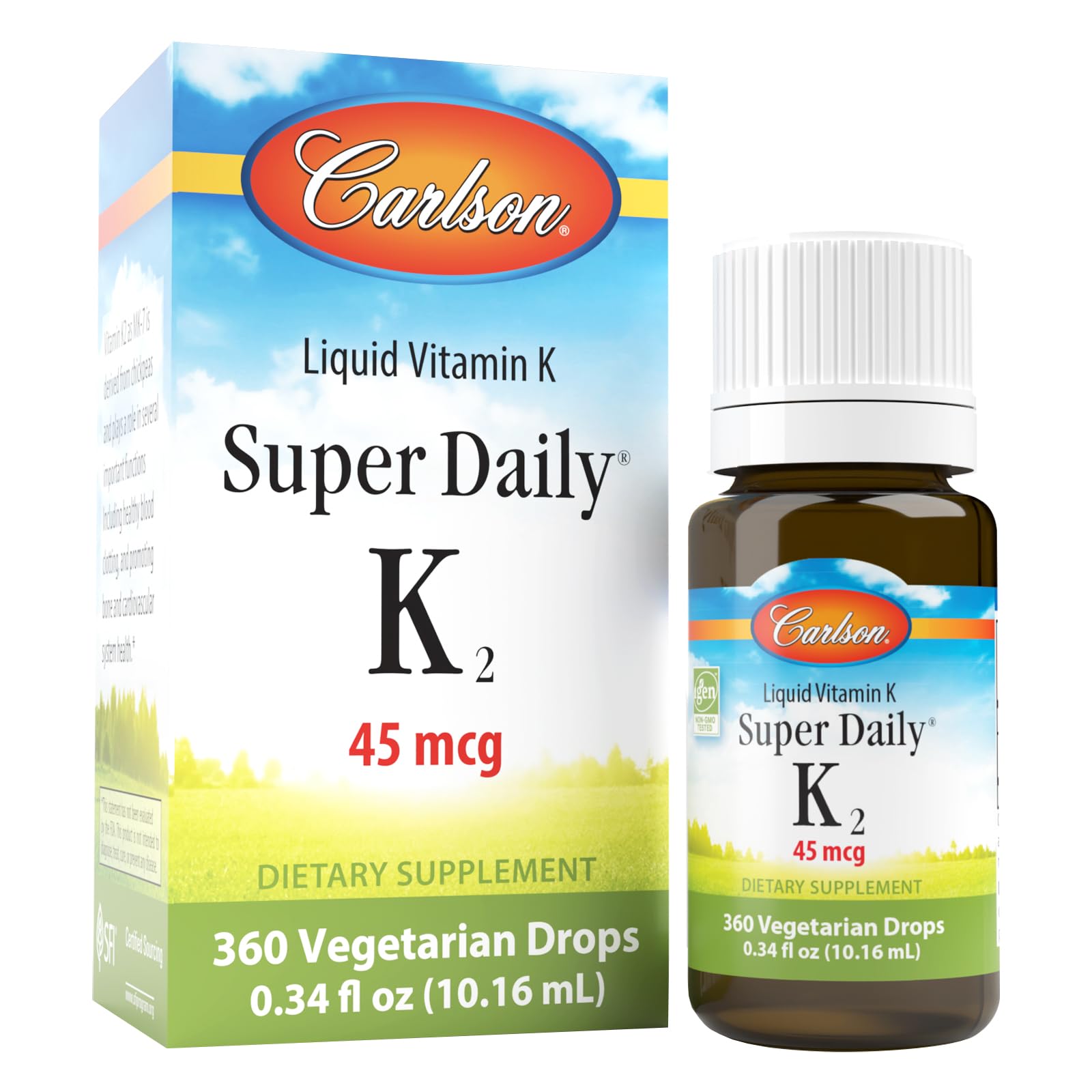Carlson Super Daily K2, 45 mcg, Liquid Vitamin K, 360 Drops (10.16 mL)
