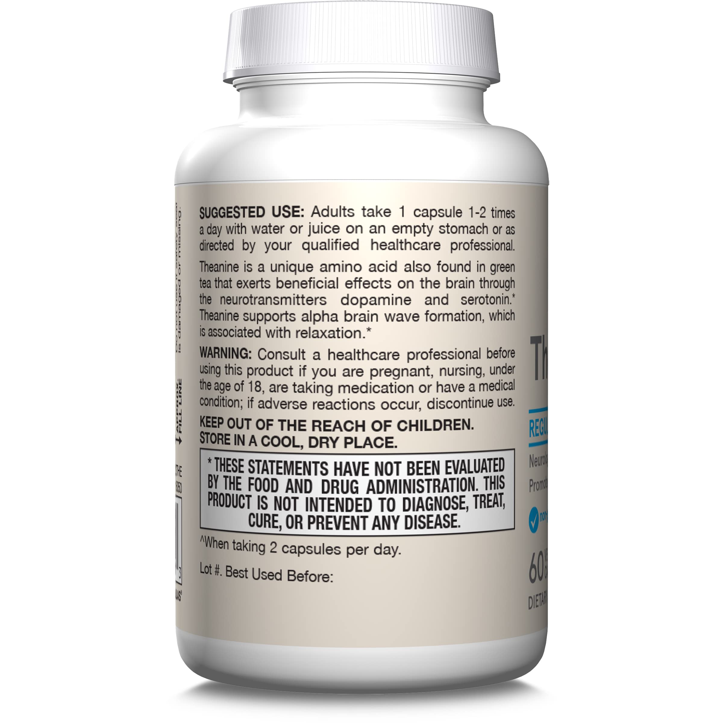 Jarrow Formulas® Regular Strength Theanine 100 mg,Dietary Supplement,60 Capsules,60 Day Supply,(Pack of 2)