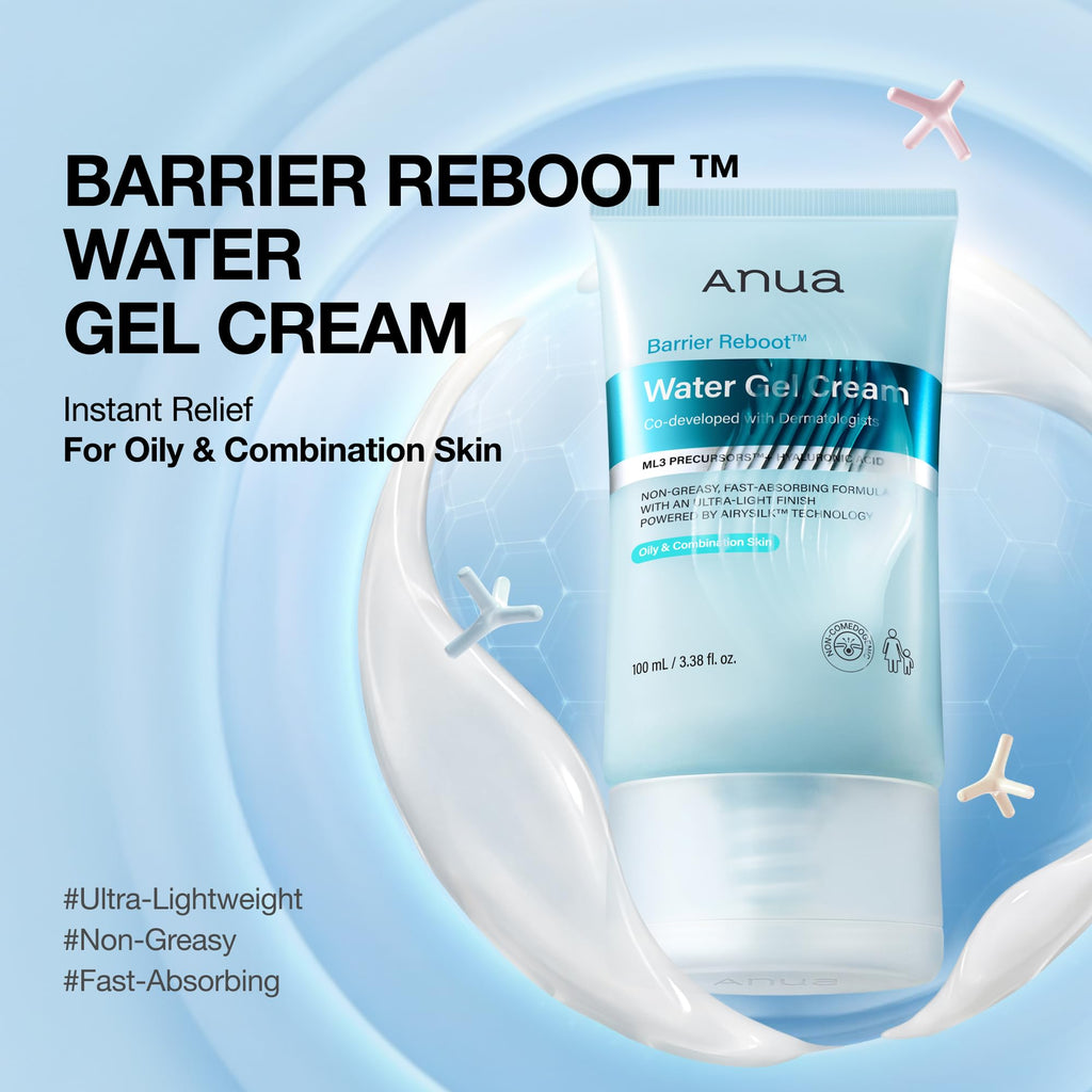 ANUA Barrier Reboot Water Gel Cream, Non-Greasy Gel Moisturizer with Ceramide and Hyaluronic Acid, Instant Barrier Relief for Oily Combination Skin, Dermatologist Tested Korean Skincare, 3.38 fl oz