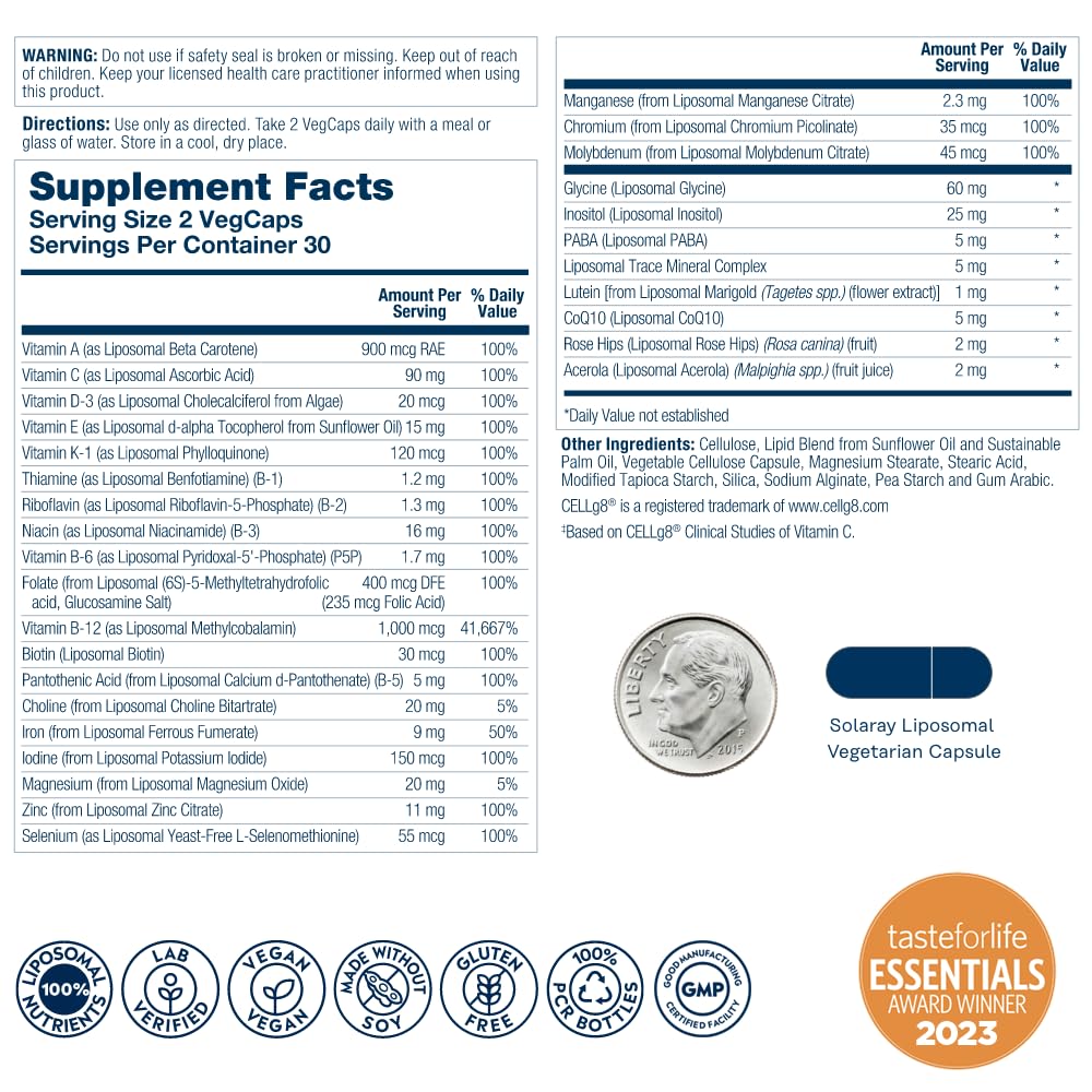 SOLARAY Liposomal Multivitamin for Men & Women, High Potency, Enhanced Absorption Vitamin C, Vitamin D, Biotin, Methyl B-12, Odor Neutral & Gentle Digestion, 30 Servings, 60 VegCaps