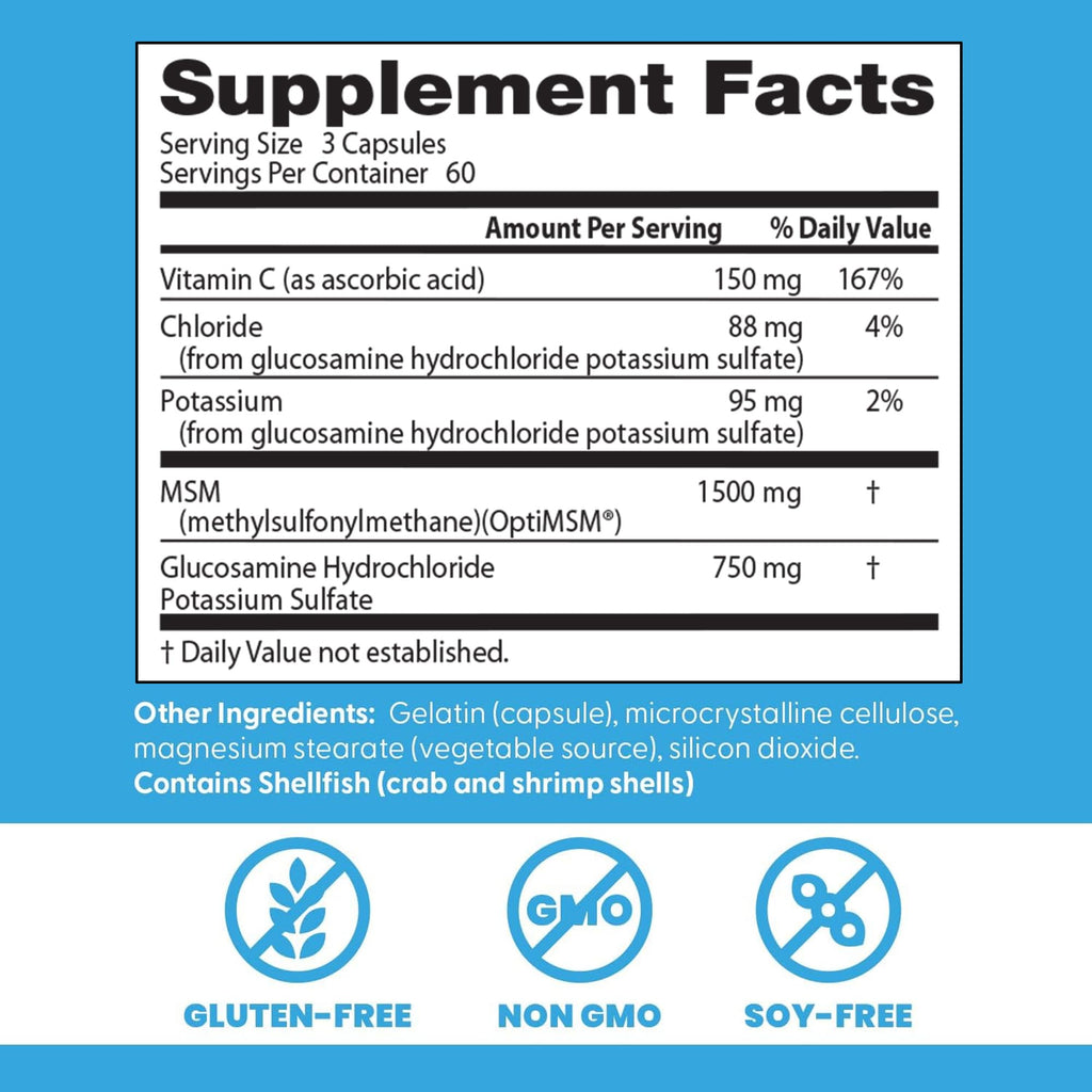 Doctor's Best Synergistic Glucosamine with MSM Formula - Joint Health Support Supplement for Women & Men, Features Vitamin C, Potassium, & Chloride, Non-GMO, Gluten Free, Soy Free - 180 Capsules