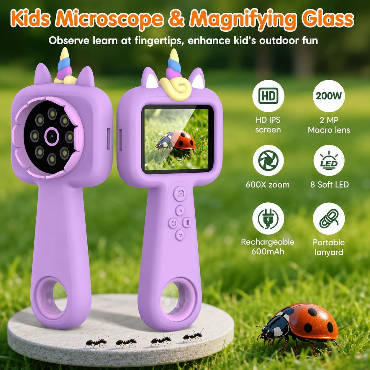 Kids Microscope, 2.4" Screen Handheld Digital Microscope 600X with 4K Camera & 8 LED Lights, Portable Pocket Microscope for Bugs Plants Nature Exploration, STEM Science Toy Gift Ages 3-12（Purple）