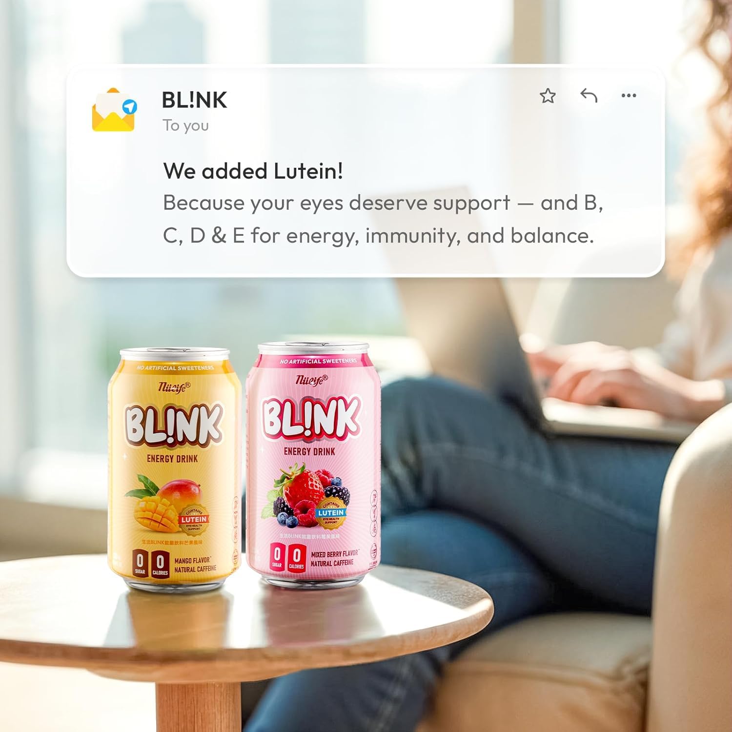 NÜLIFE Sugar Free Energy Drink Mixed Berry, Pack of 12, 96mg Natural Caffeine, Lutein for Eye Support Drinks, Vitamin Enriched, BL!NK Healthy Clean Energy, No Artificial Sweetener, 11.16 Fl Oz