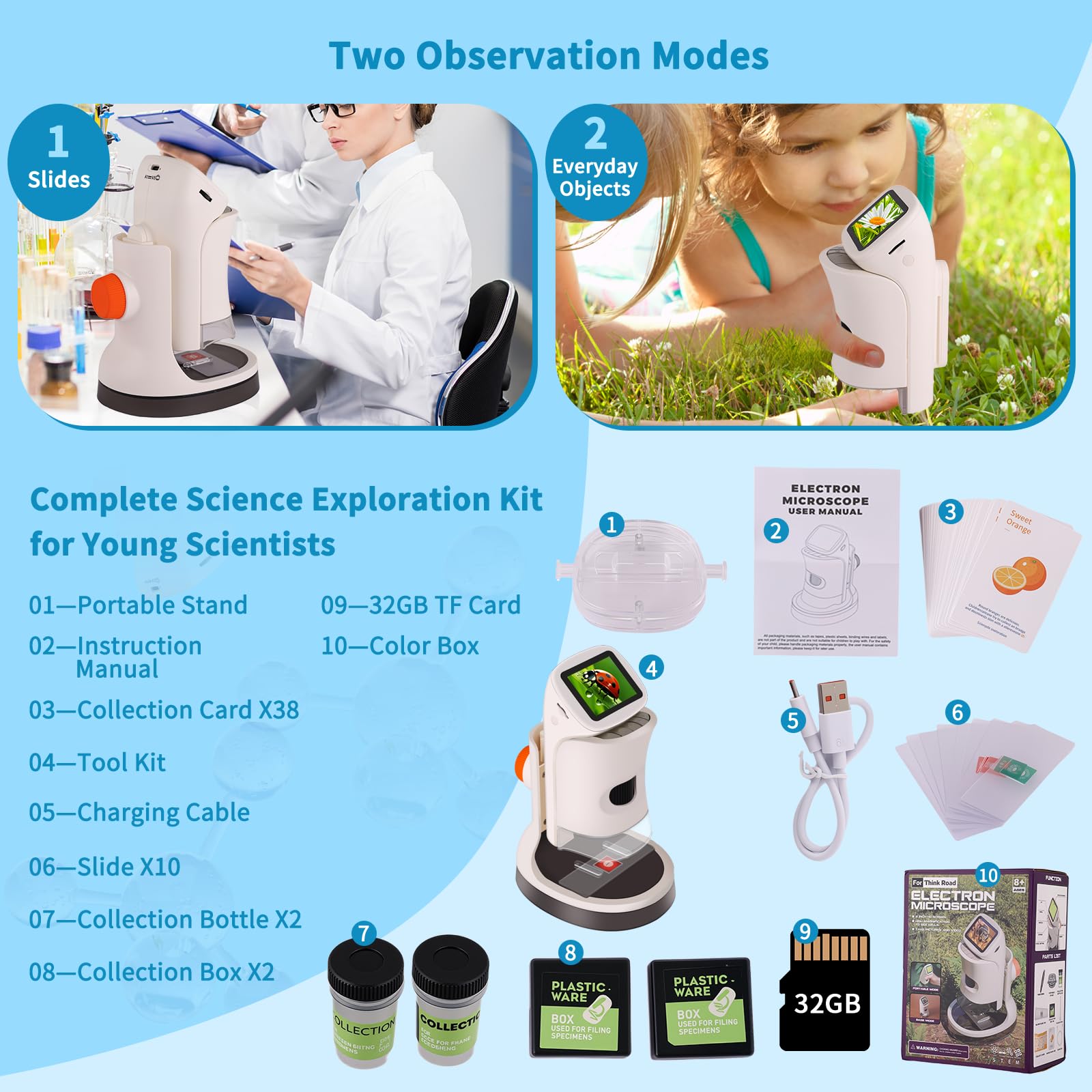 Microscope for Kids,1000X Magnification.Digital Microscope with 1080p 2" HD Screen,Photo & Video Recording,USB Rechargeable.Microscope for Kids 8-12